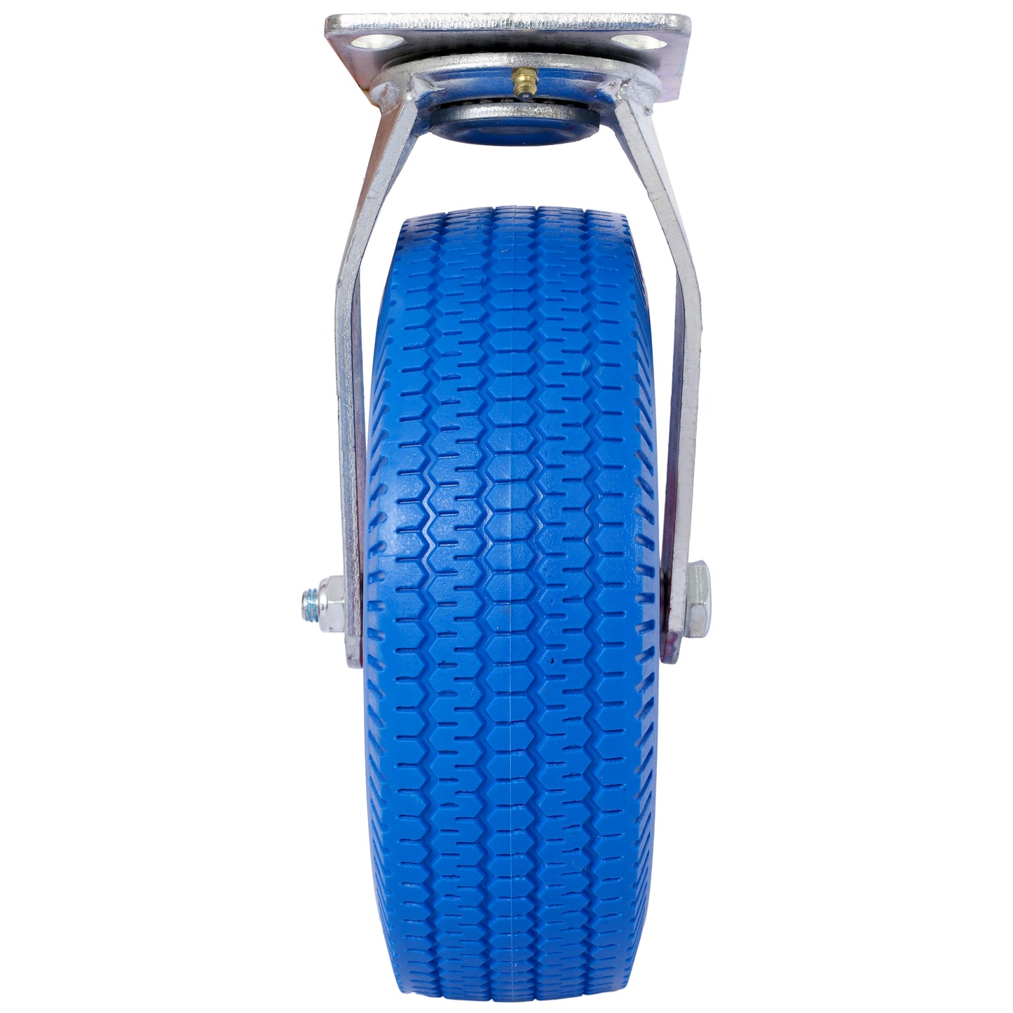 Heavy duty blue caster wheel with a metal swivel plate and textured tread