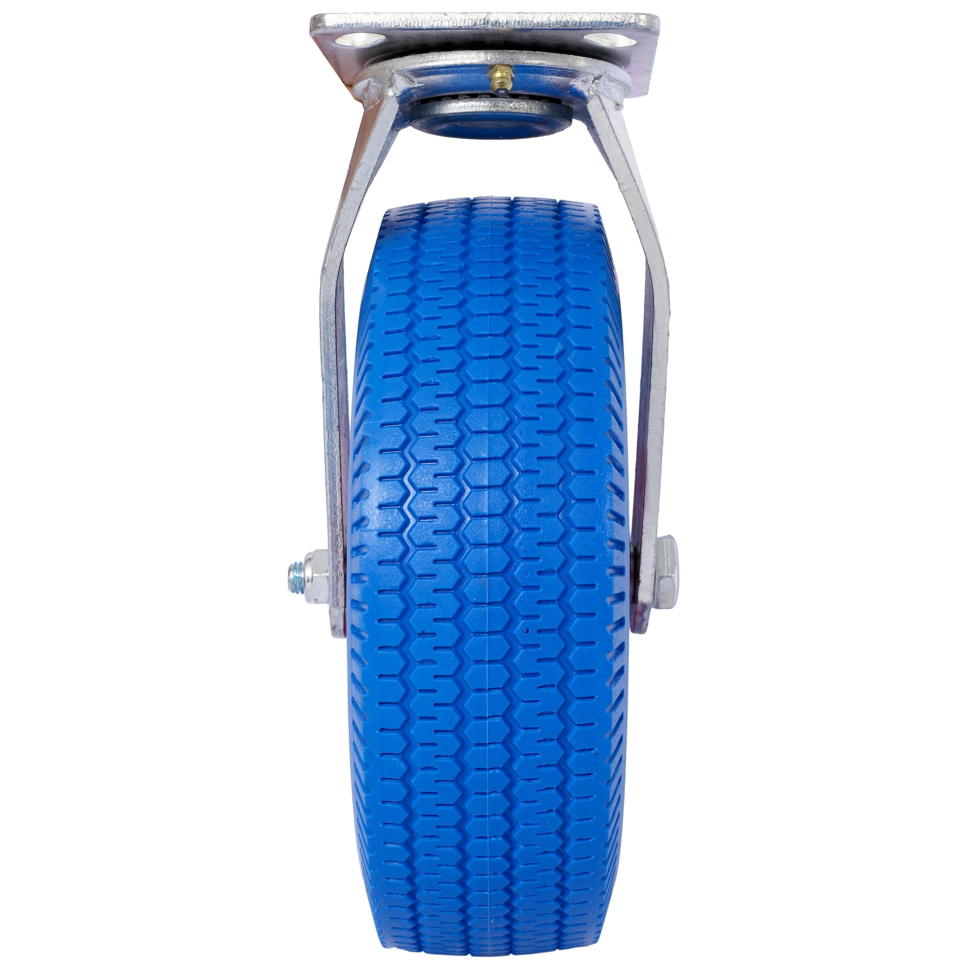Heavy duty blue caster wheel with a metal swivel plate and textured tread