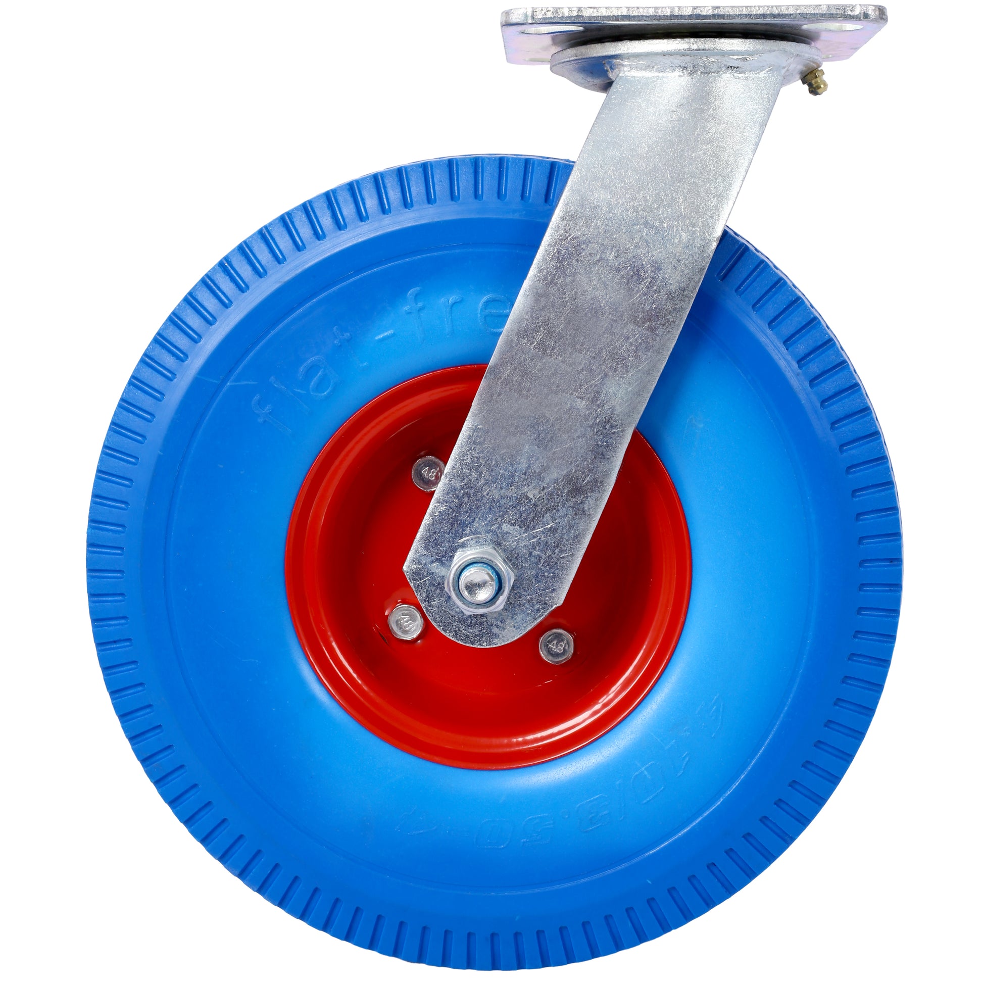 Heavyduty blue solid rubber caster wheel with a red metal hub and silver swivel plate for industrial carts