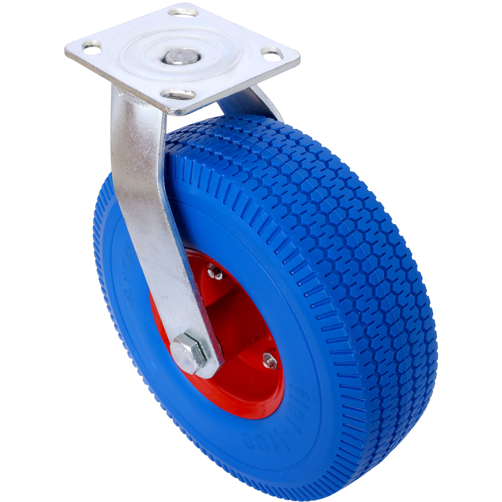 Blue swivel caster with red hub and treaded pneumatic tire for industrial dollies