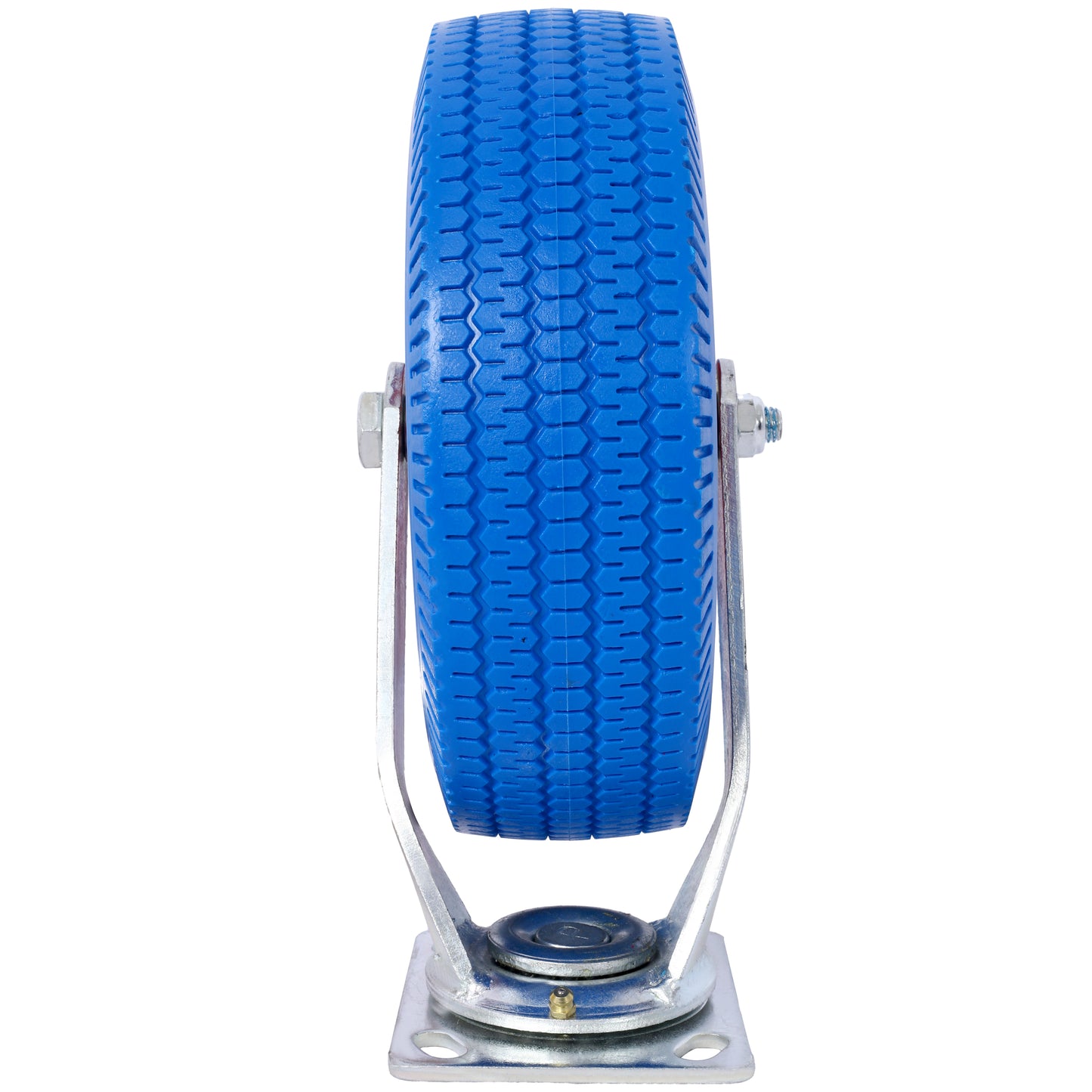 Blue rubber caster wheel with a metal swivel base and hex tread pattern