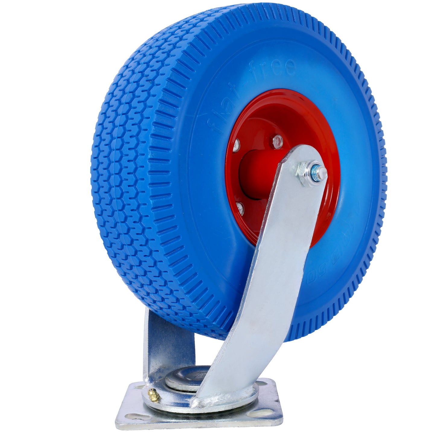 Blue flatfree caster wheel with red hub and silver metal bracket ideal for industrial dollies