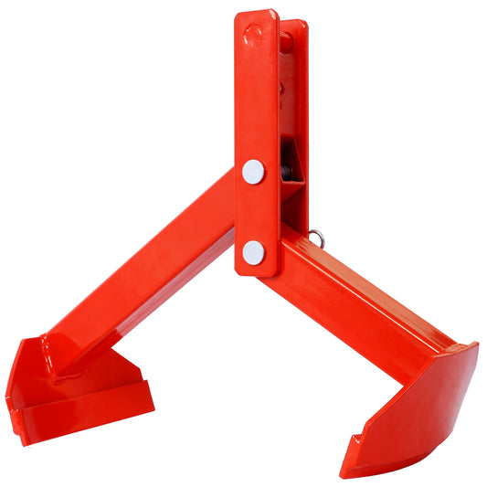 Heavyduty orange metal log grapple with pivoting jaws for secure wood handling