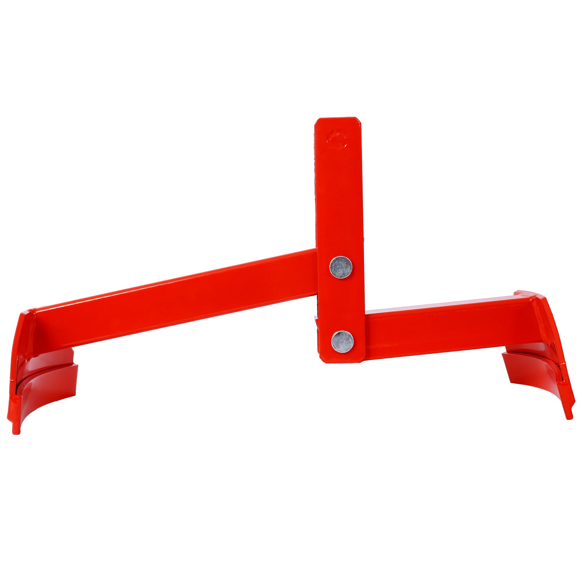 Red steel landscape rake with curved tines for leveling soil and gravel