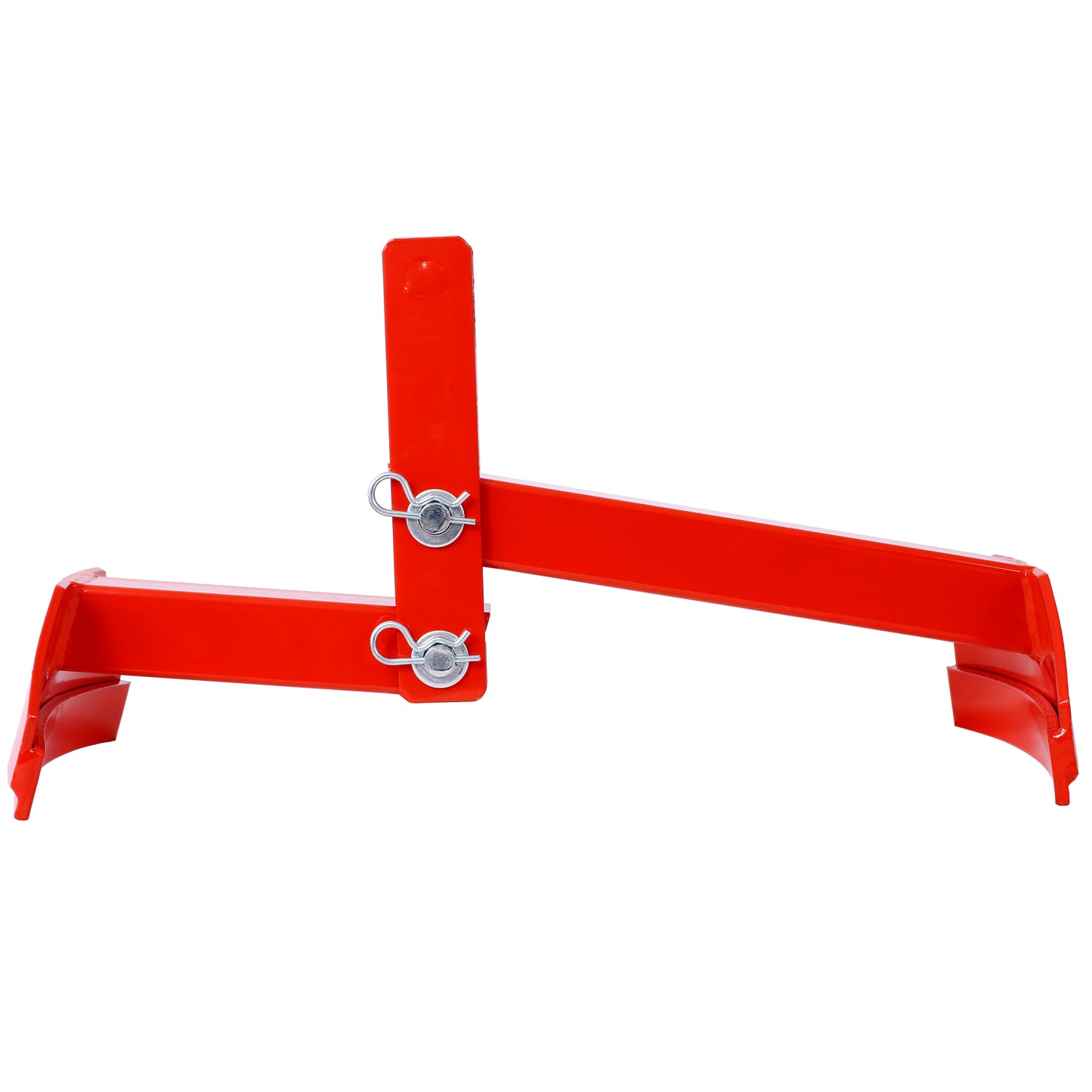 Red metal tractor tow hitch with adjustable arms and quick release pins for easy attachment