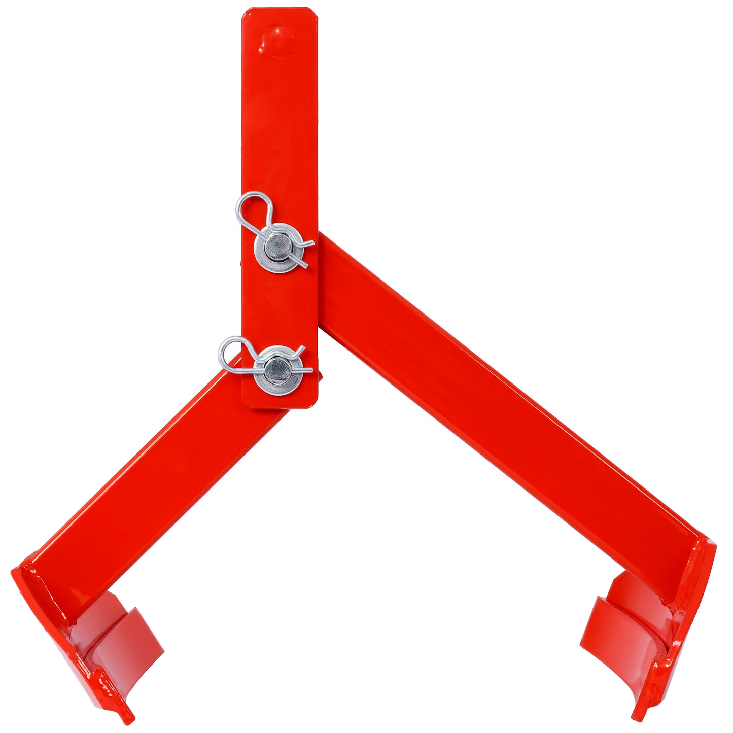 Red metal tractor bucket clamp with two silver pins