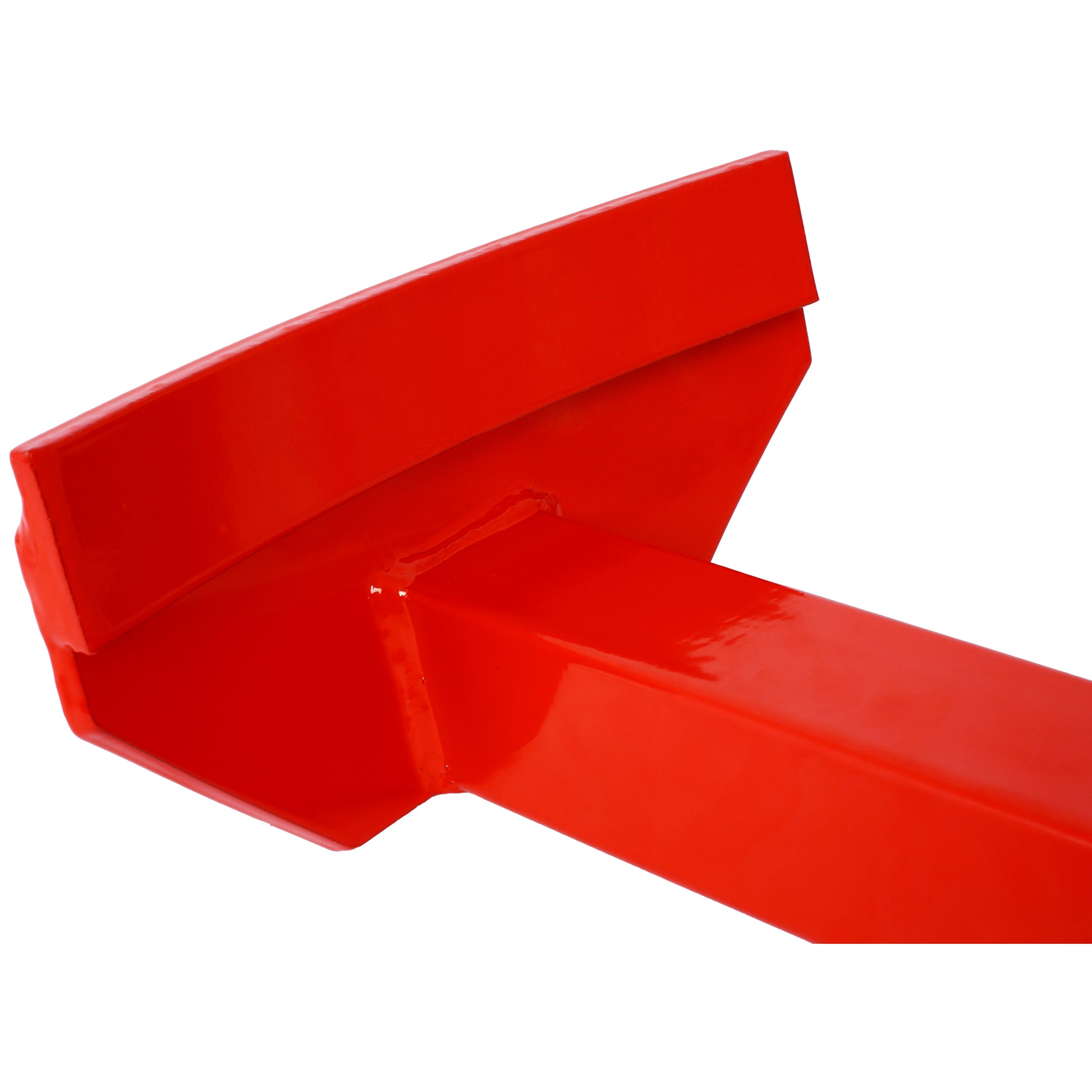 Red metal bracket with a Tshaped profile for construction use