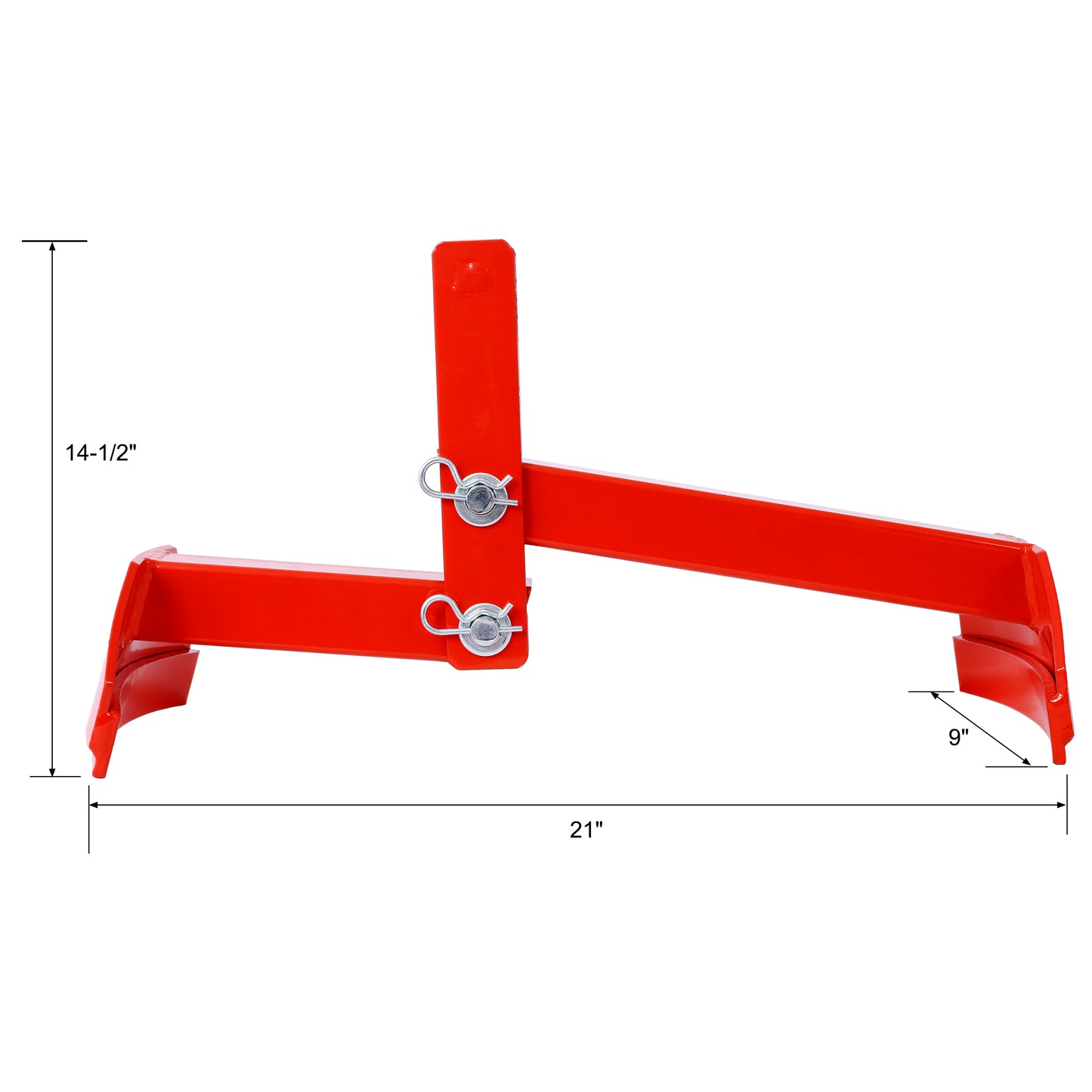 Red steel lawn roller adjuster with pin connectors and dimension labels
