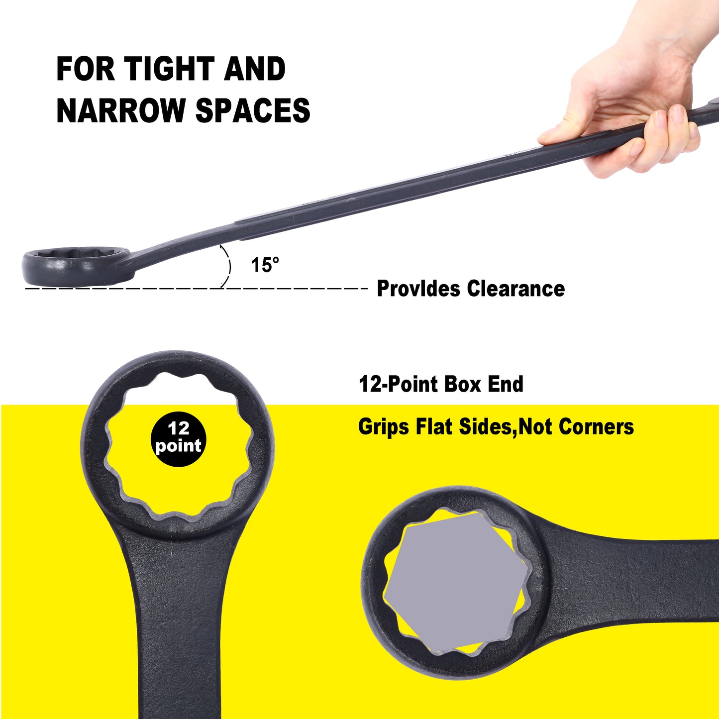 Black point box end wrench with degree offset for tight spaces