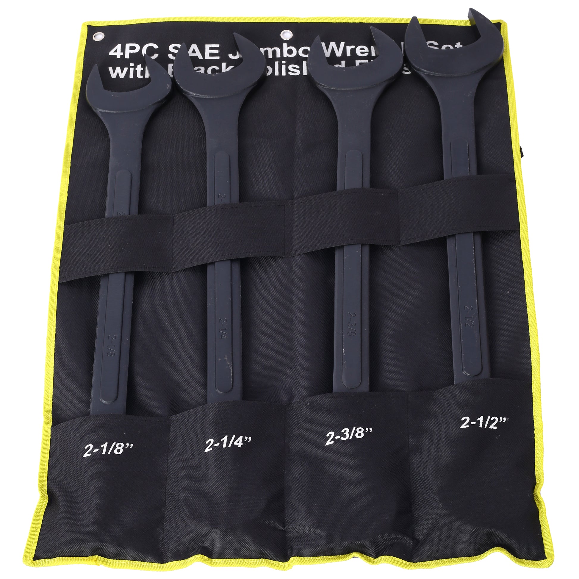 Fourpiece jumbo SAE wrench set with black polish finish sizes  to