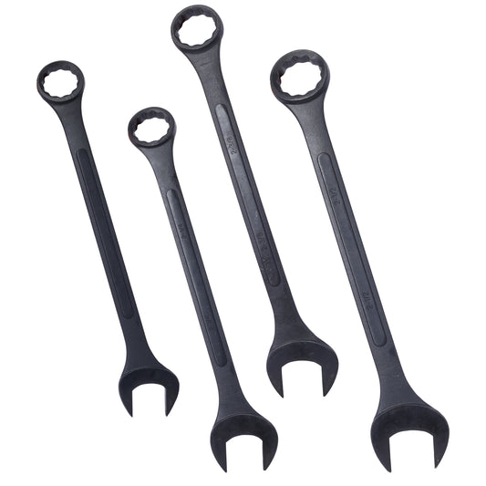 Set of four black combination wrenches with metric sizes stamped on handles