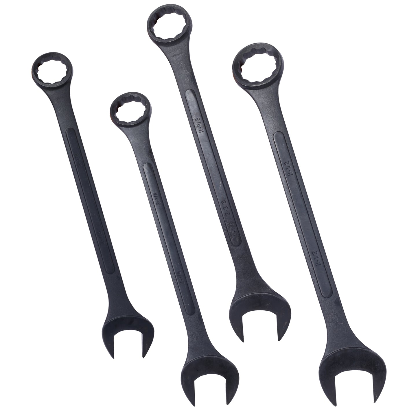 Set of four black combination wrenches with metric sizes stamped on handles