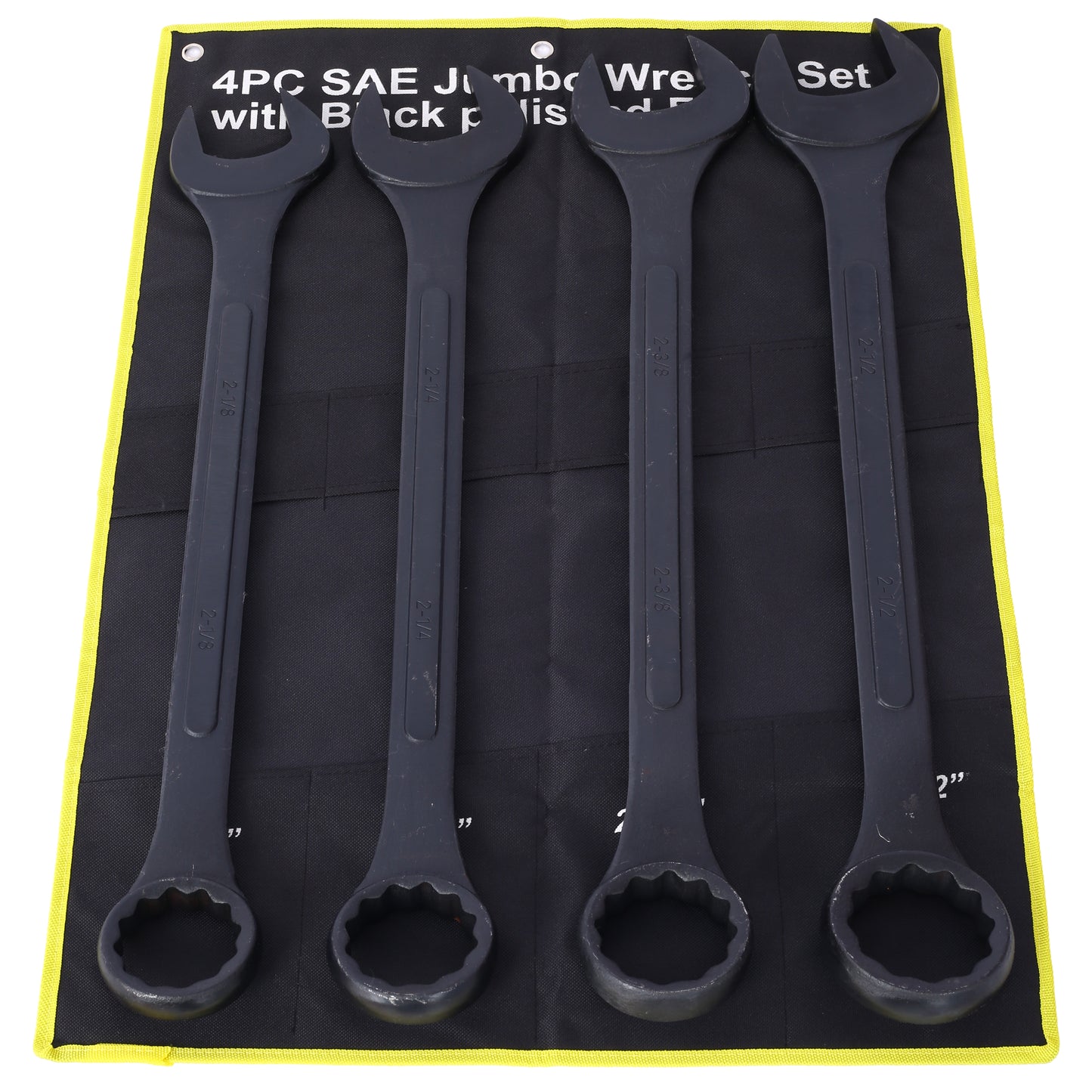 Four heavyduty black SAE jumbo wrenches with black polished finish including    and  inch sizes