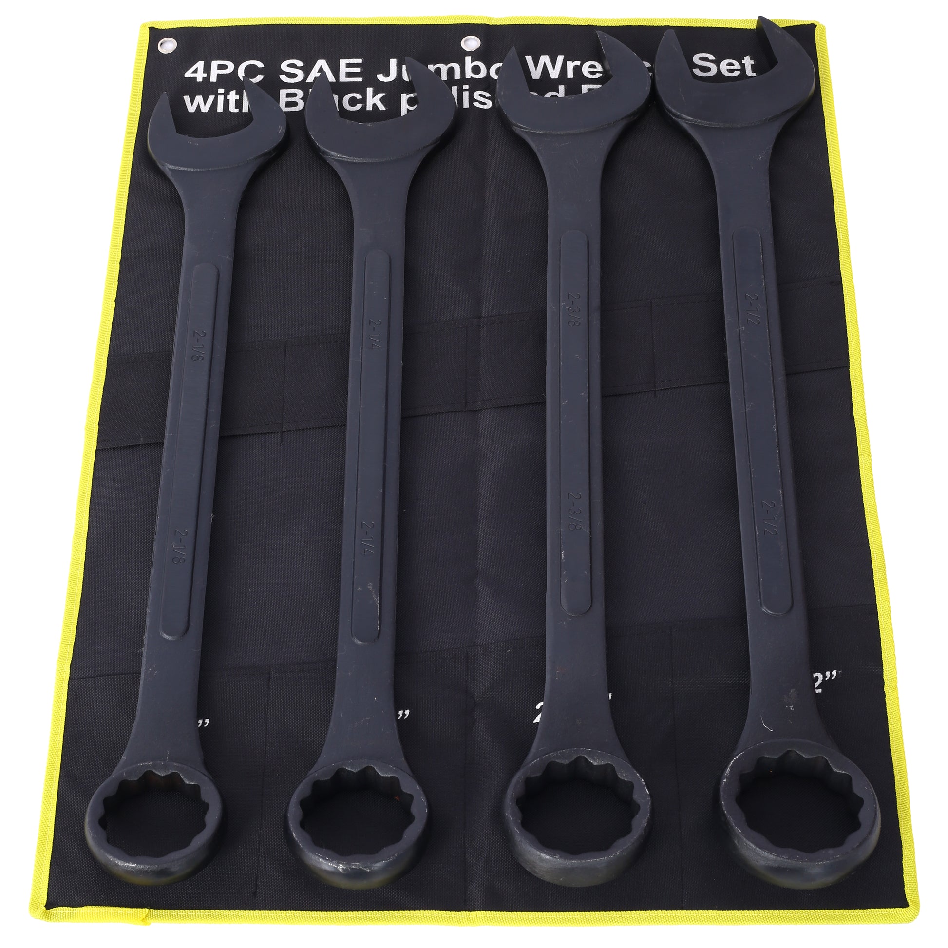 Four heavyduty black SAE jumbo wrenches with black polished finish including    and  inch sizes
