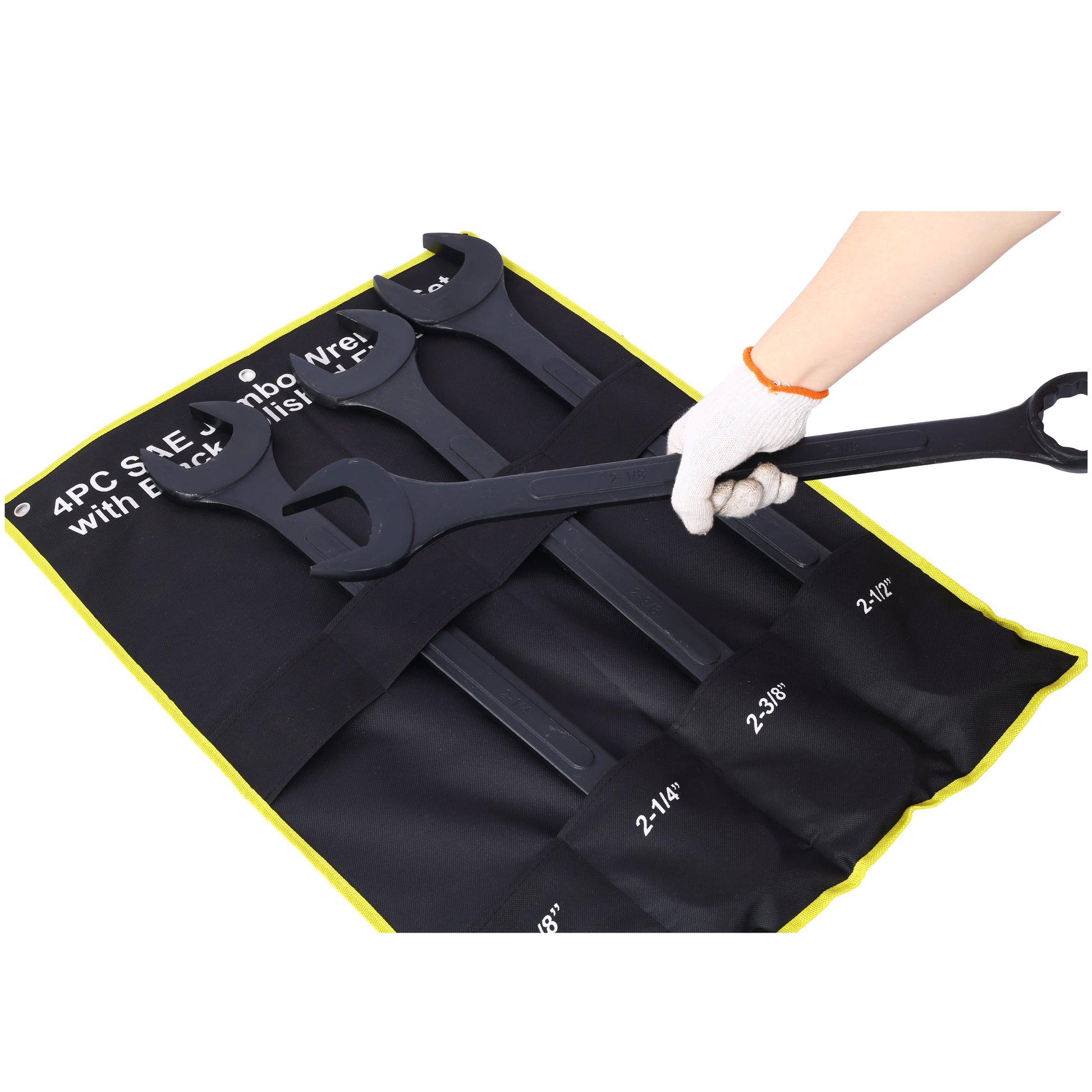 Black jumbo SAE combination wrenches set in a durable rollup pouch