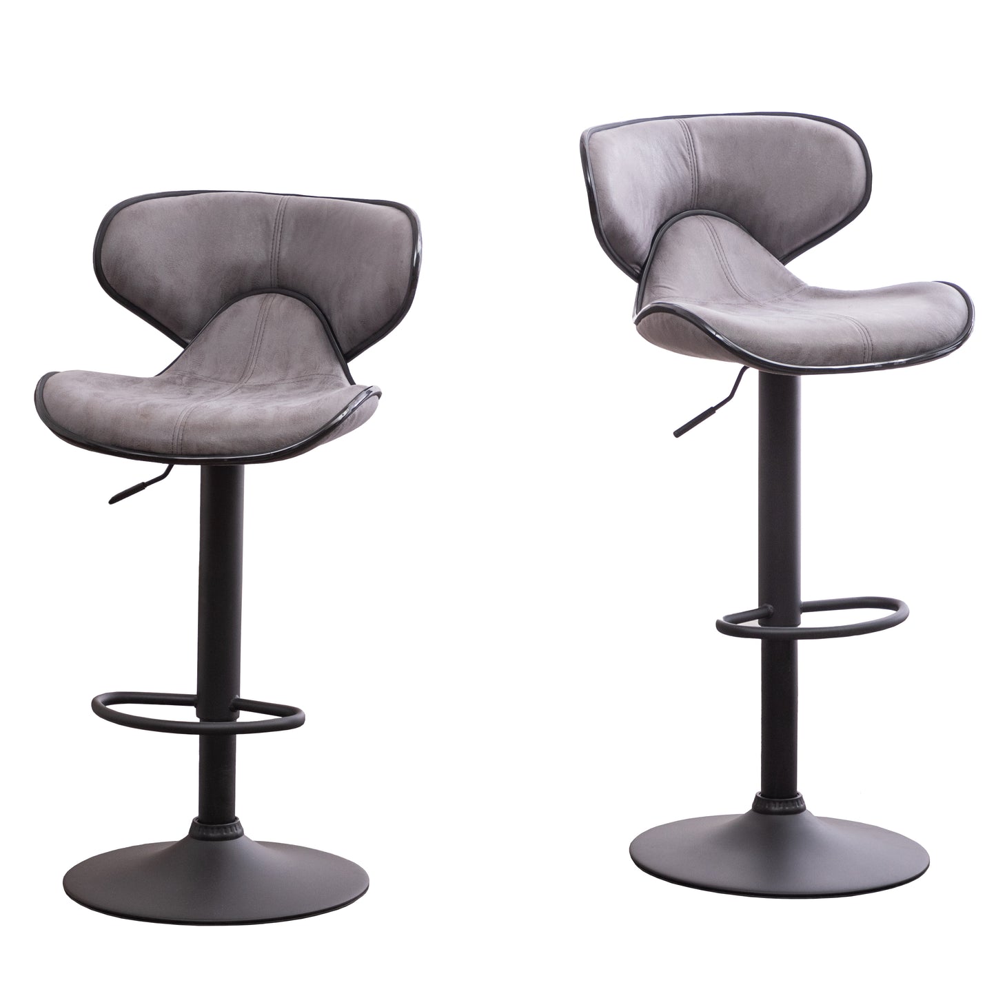 Gray faux leather bar stool with curved back and black metal base