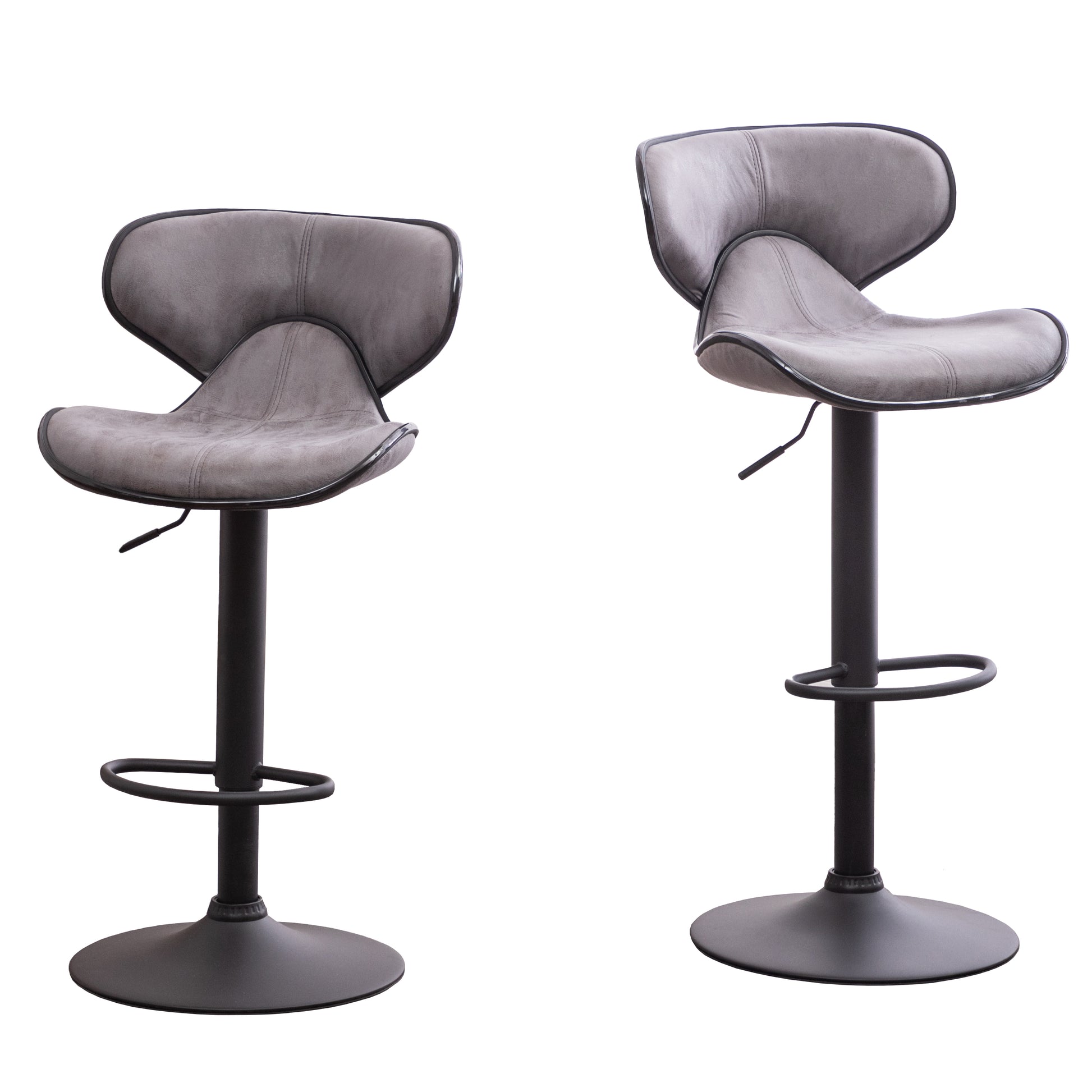 Gray faux leather bar stool with curved back and black metal base