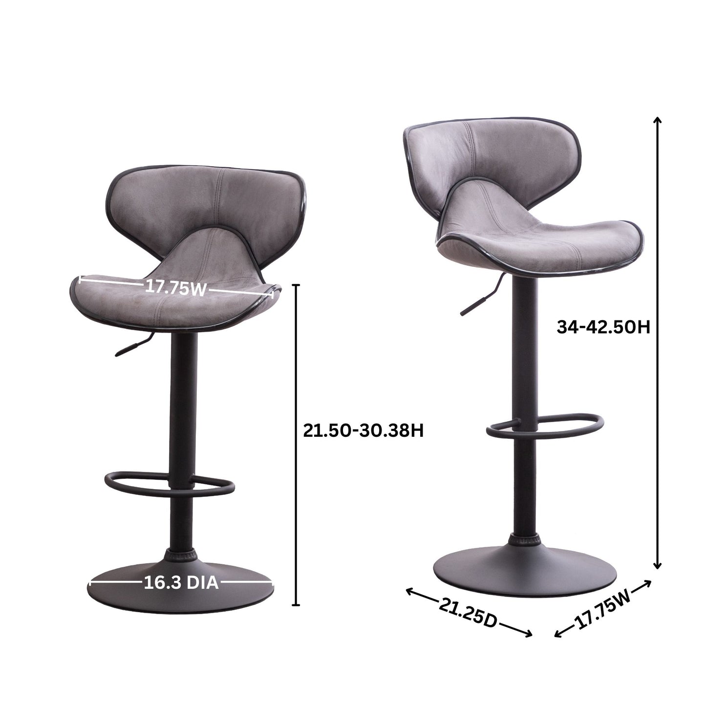 Adjustable grey upholstered bar stool with black metal base and footrest