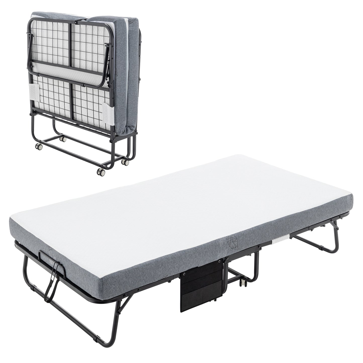Gray folding guest bed with white mattress unfolded