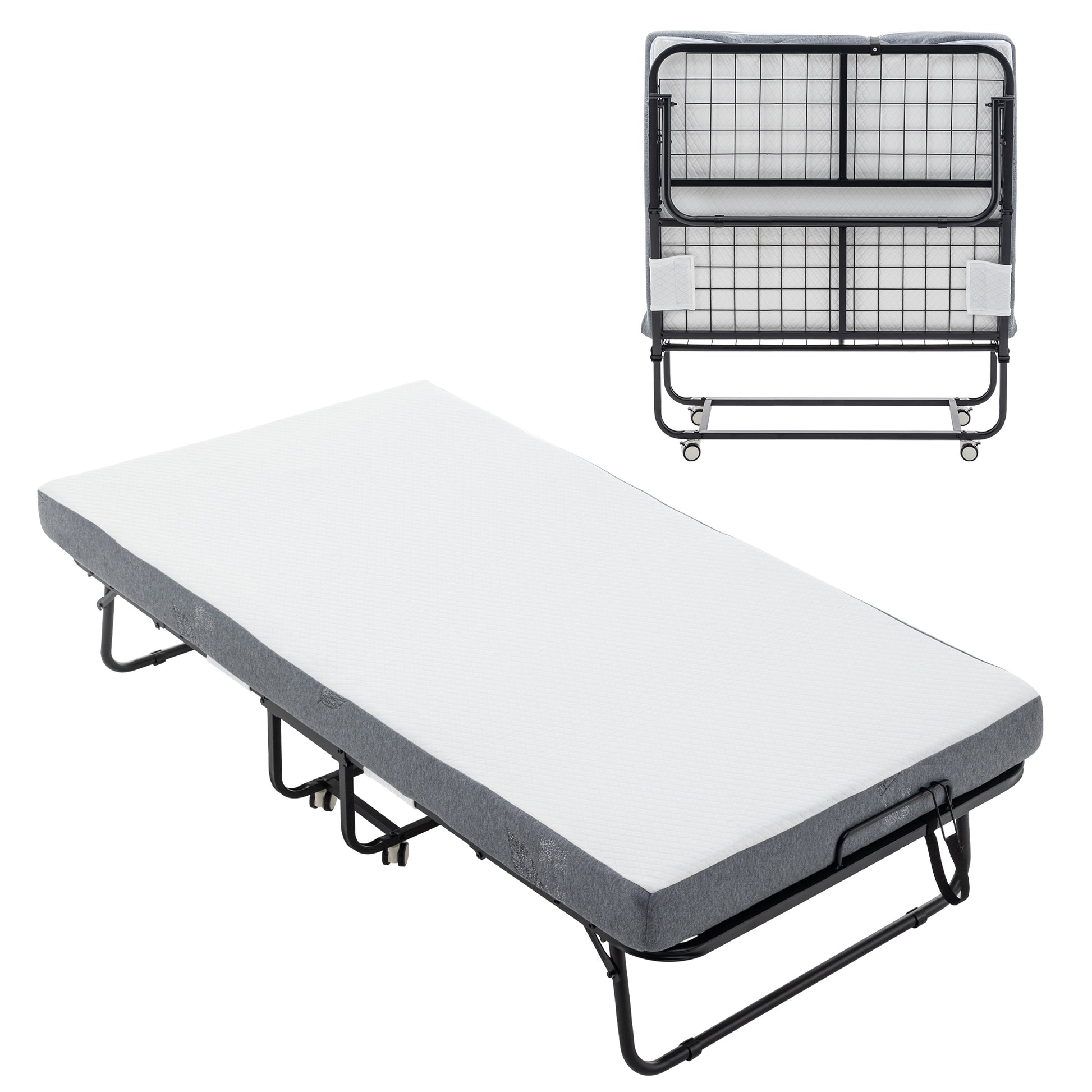 Folding bed with white memory foam mattress and grey fabric border
