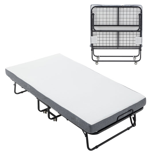 Folding bed with white memory foam mattress and grey fabric border