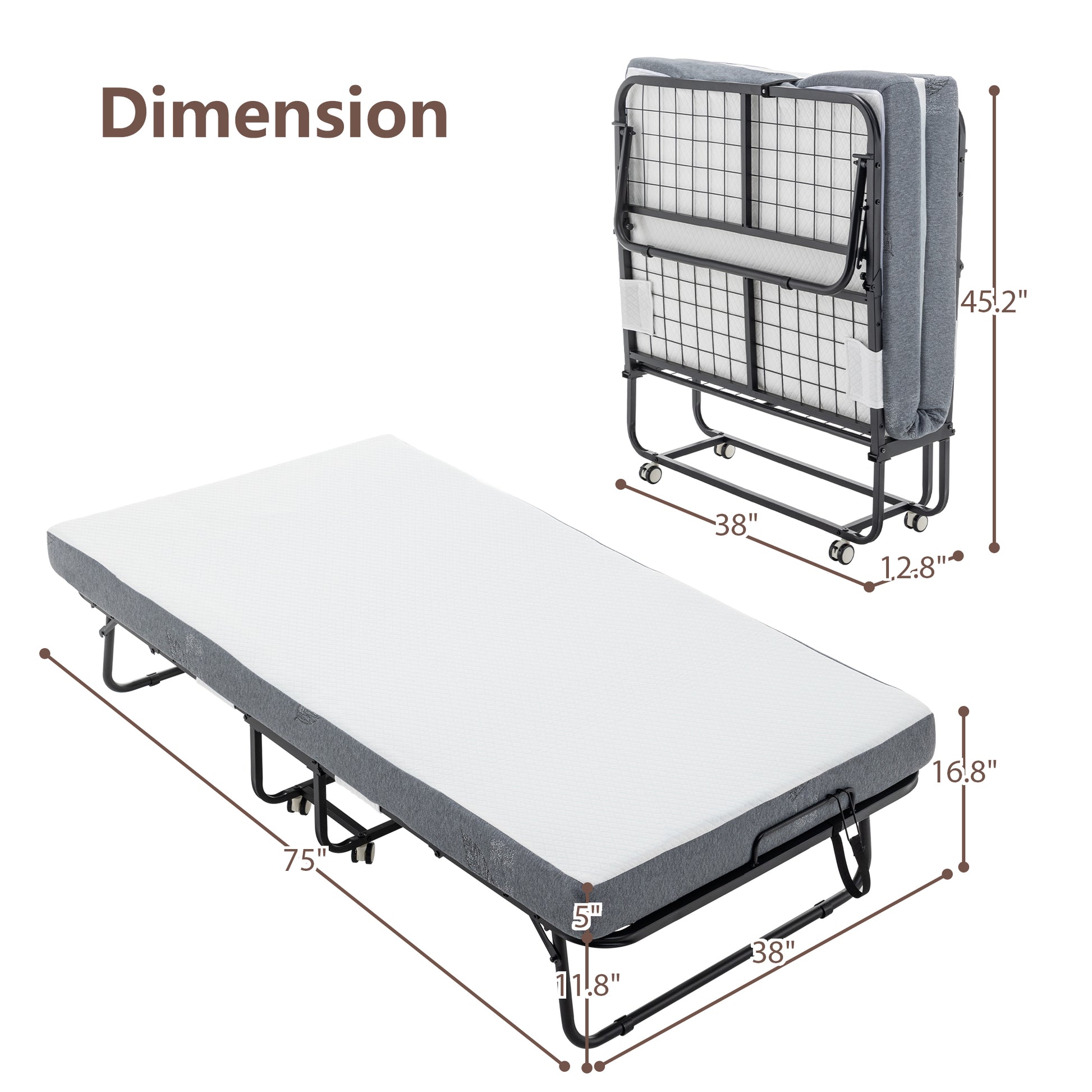 Foldable twin bed with grey mattress and metal frame