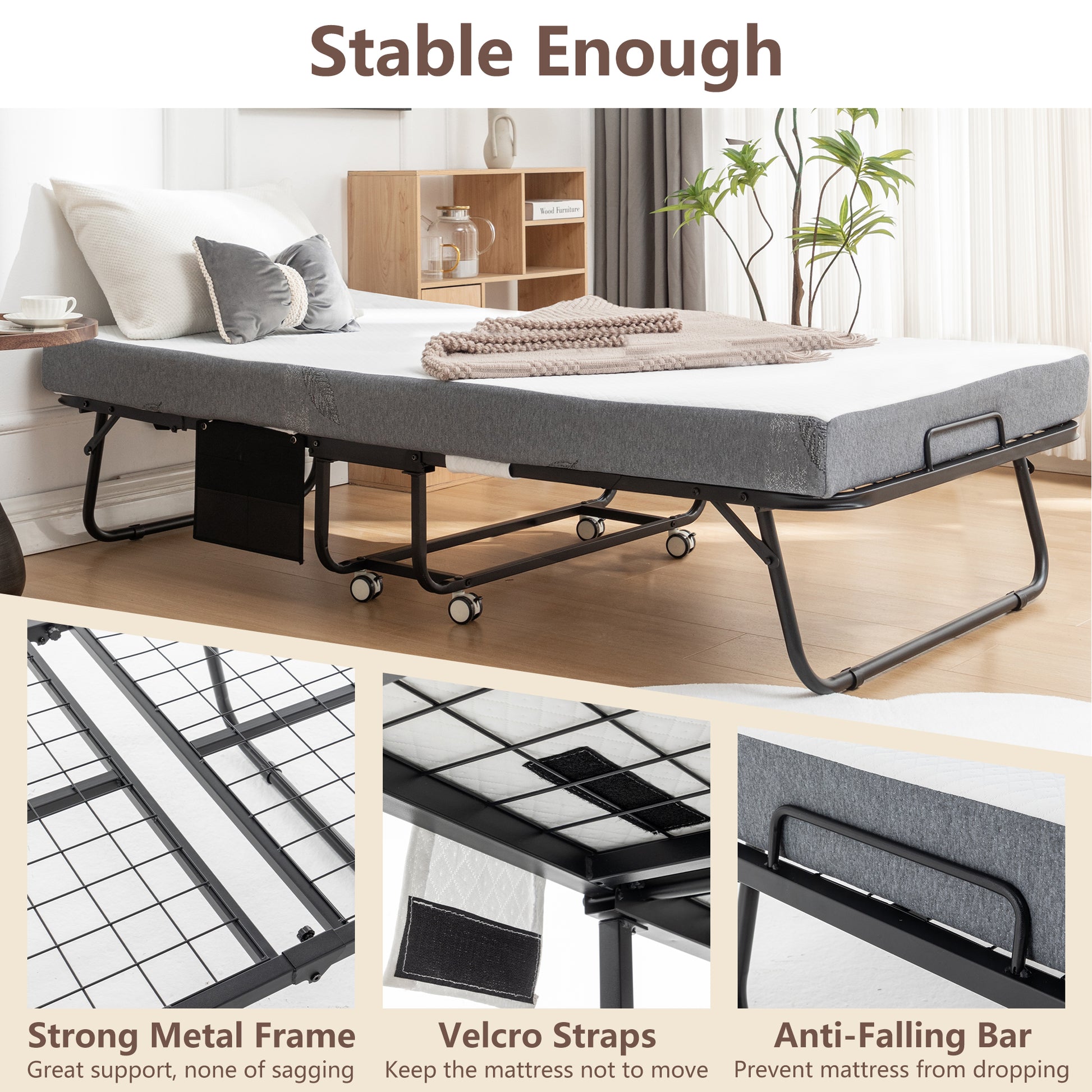 Gray folding bed with wheeled frame and mattress