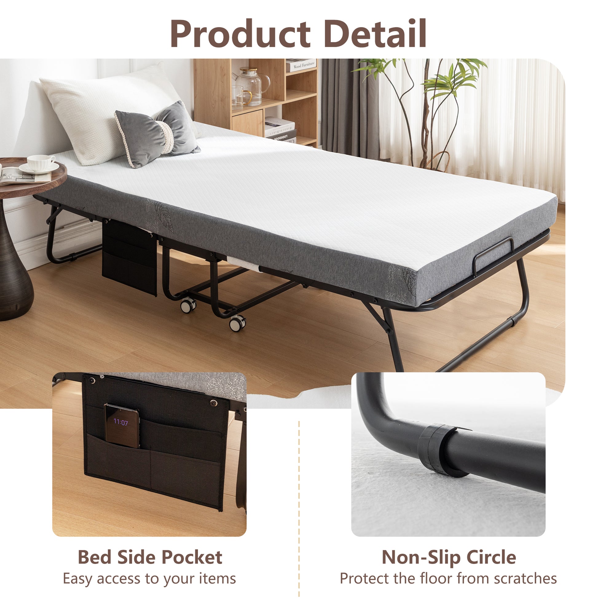 Foldable bed with a grey mattress and white bedding