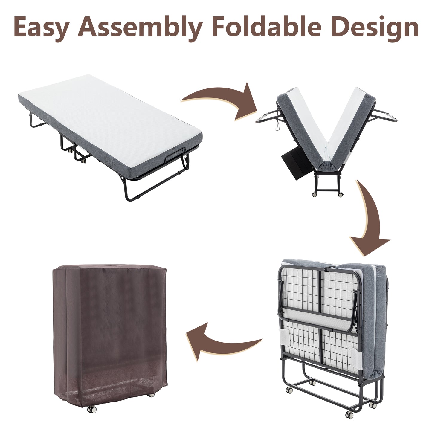 Fully assembled folding bed with white mattress and gray frame