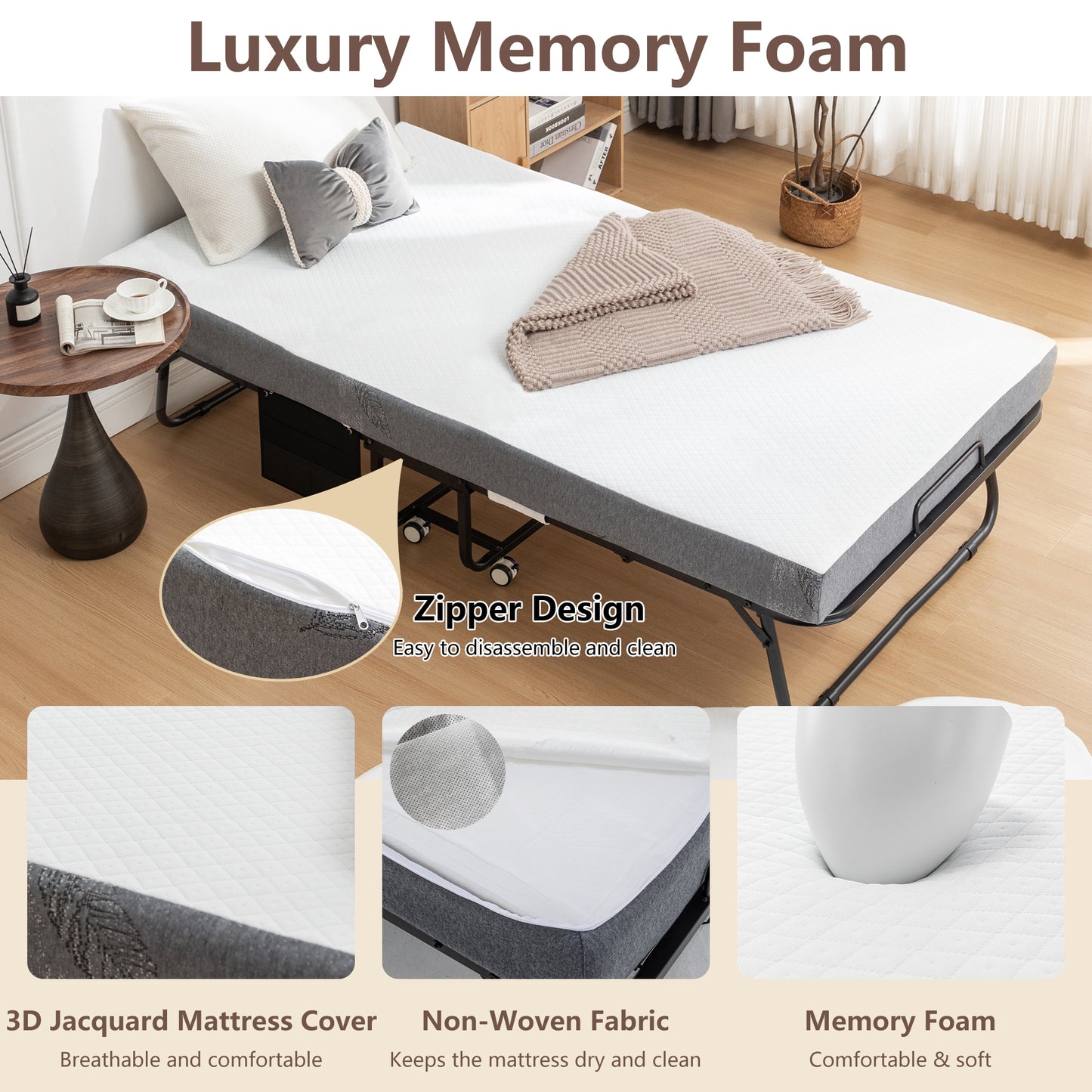 Luxury memory foam mattress with quilted cover on folding frame