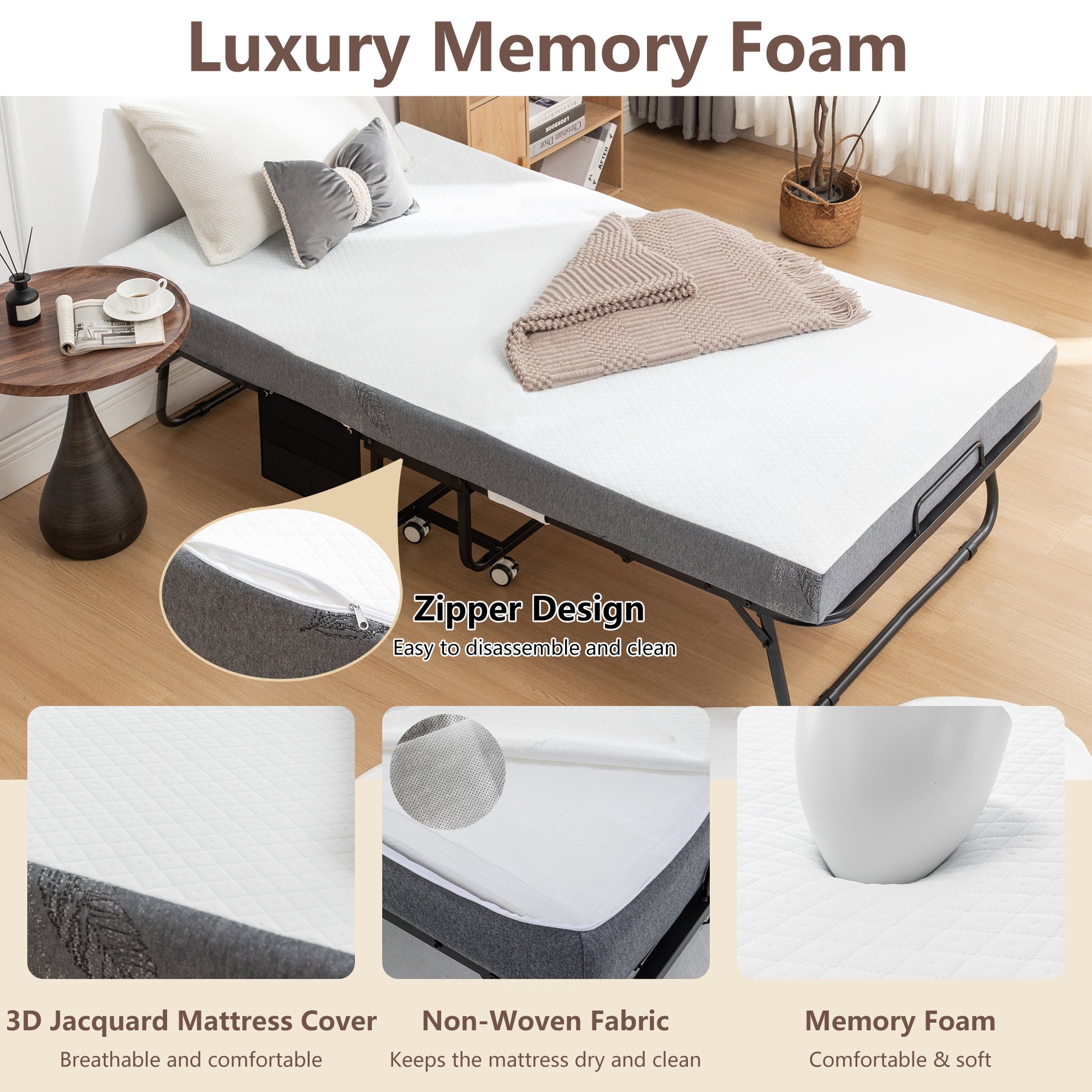 Luxury memory foam mattress with quilted cover on folding frame