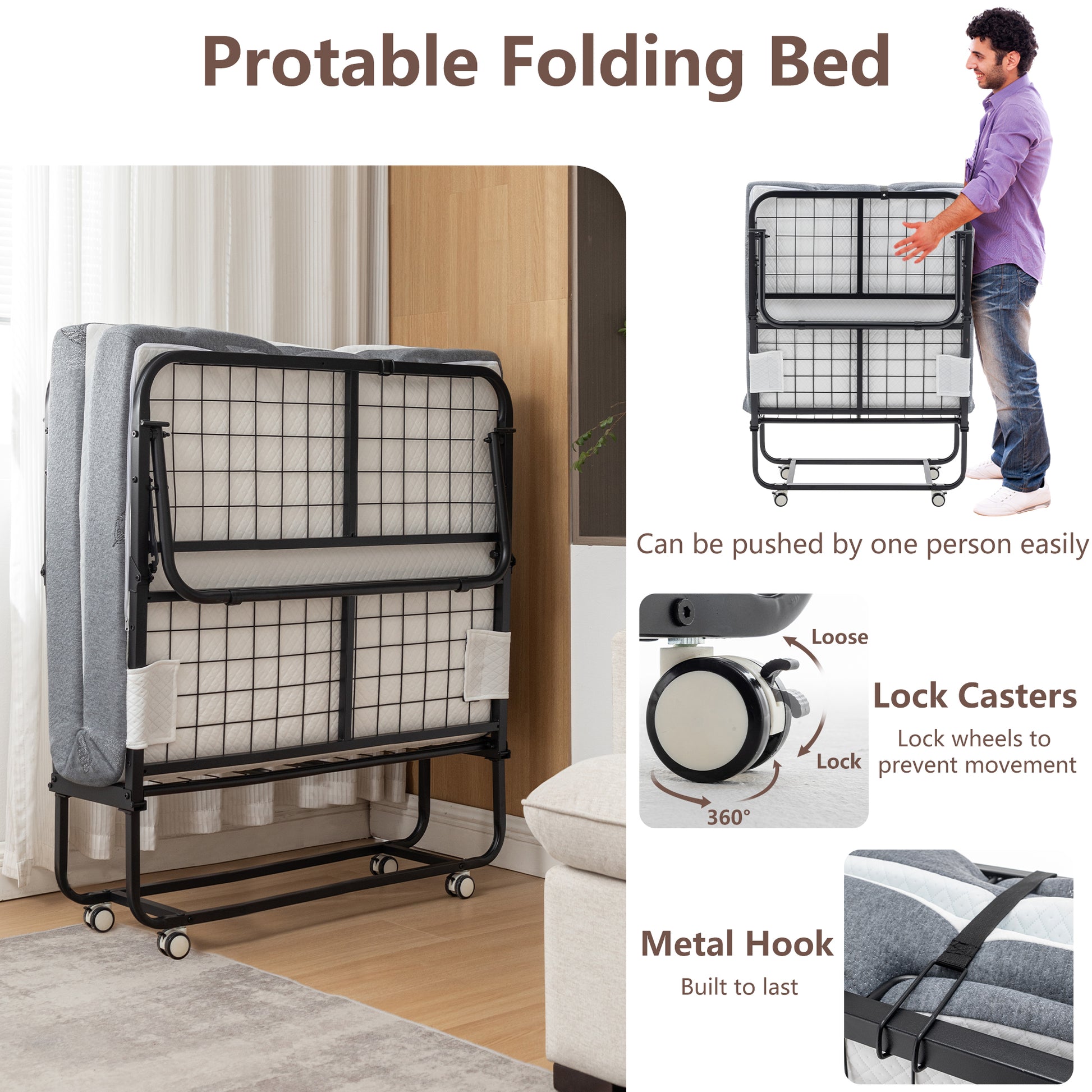 Black metal folding bed frame with gray mattress compactly folded and on wheels