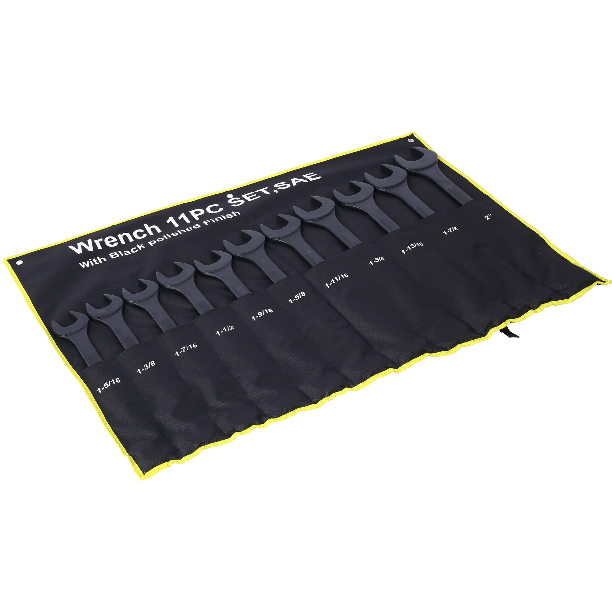 Black piece SAE wrench set with polished finish in durable rollup pouch