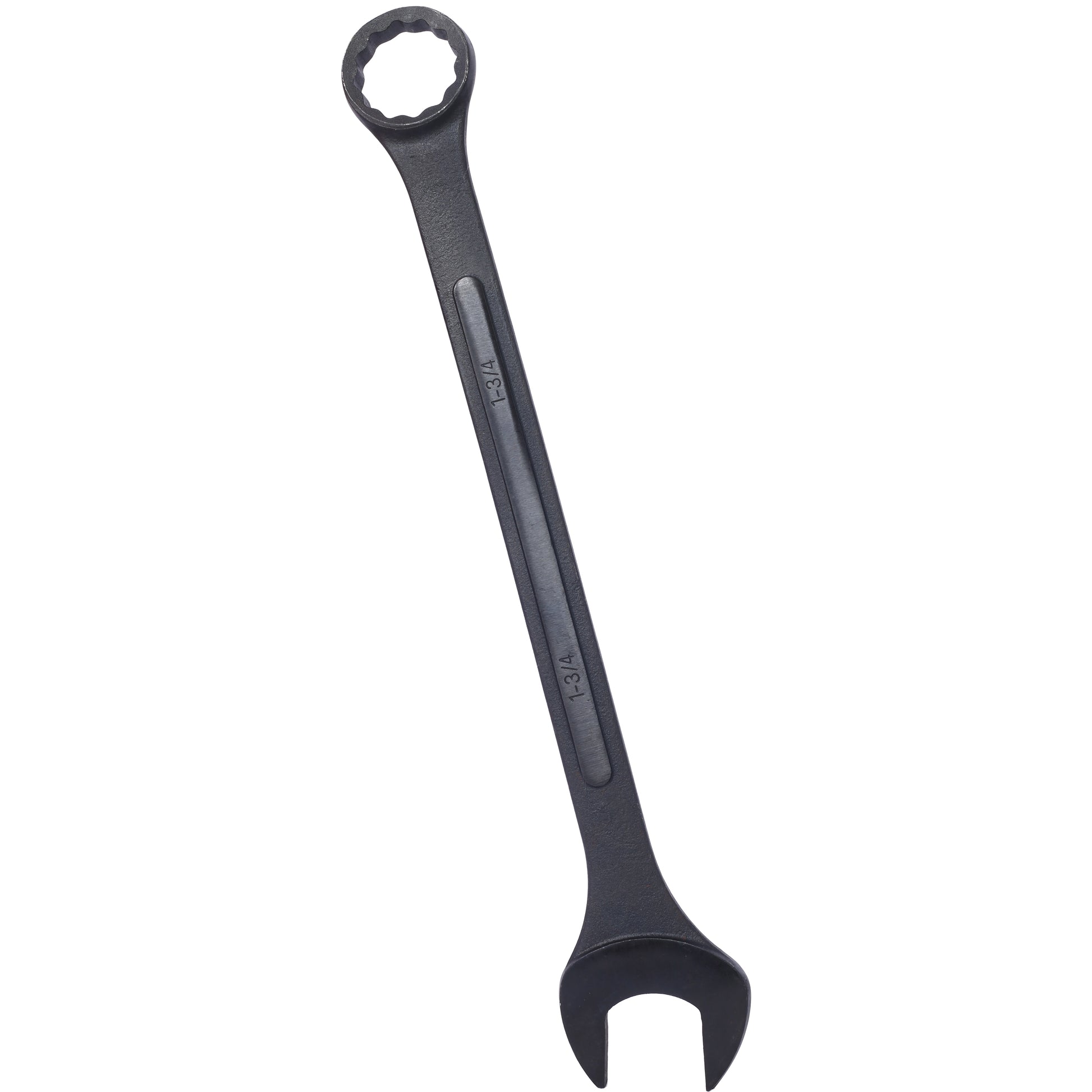 Black  inch combination wrench with a thin handle and textured grip