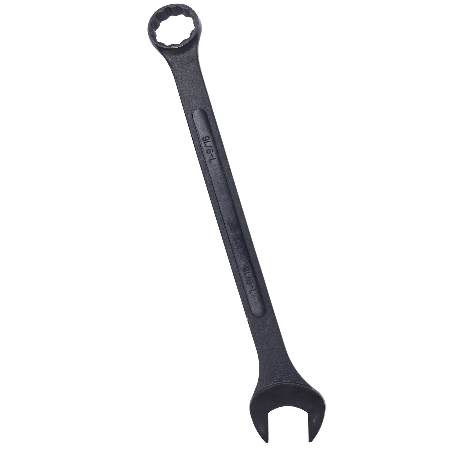 Black steel combination wrench with  inch size etched on handle