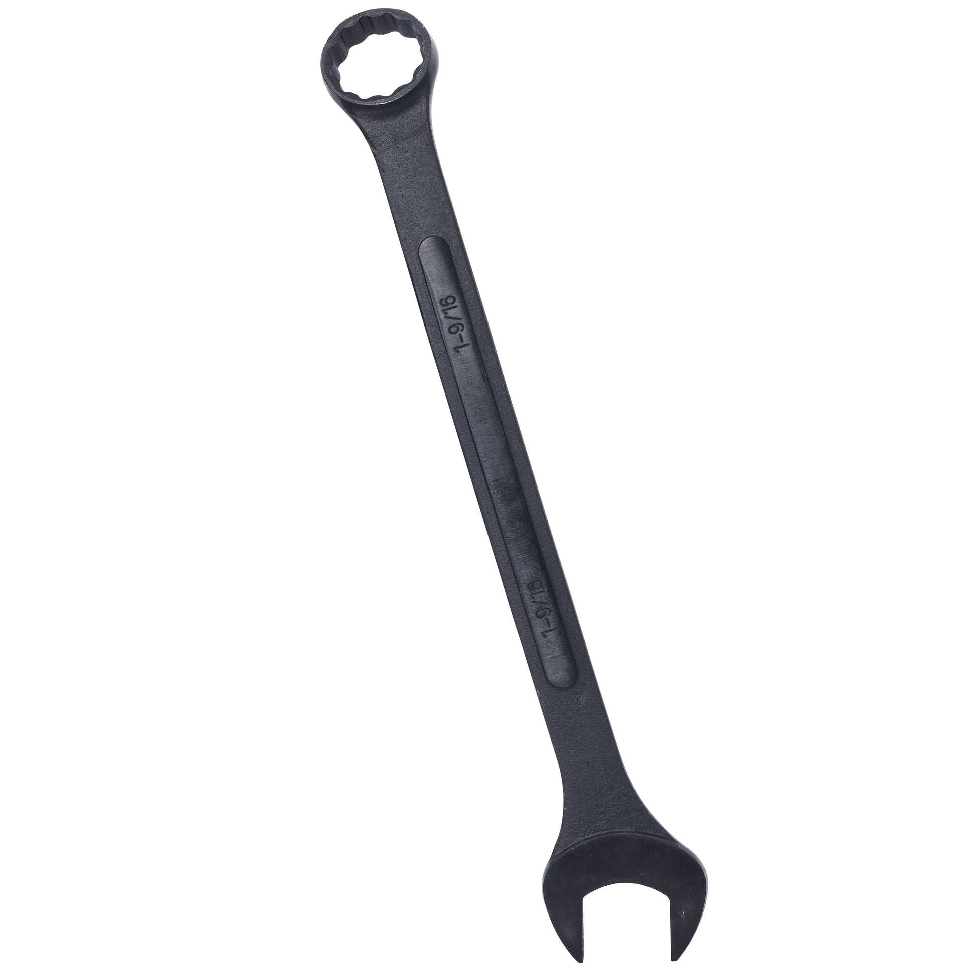 Black steel combination wrench with  inch size etched on handle
