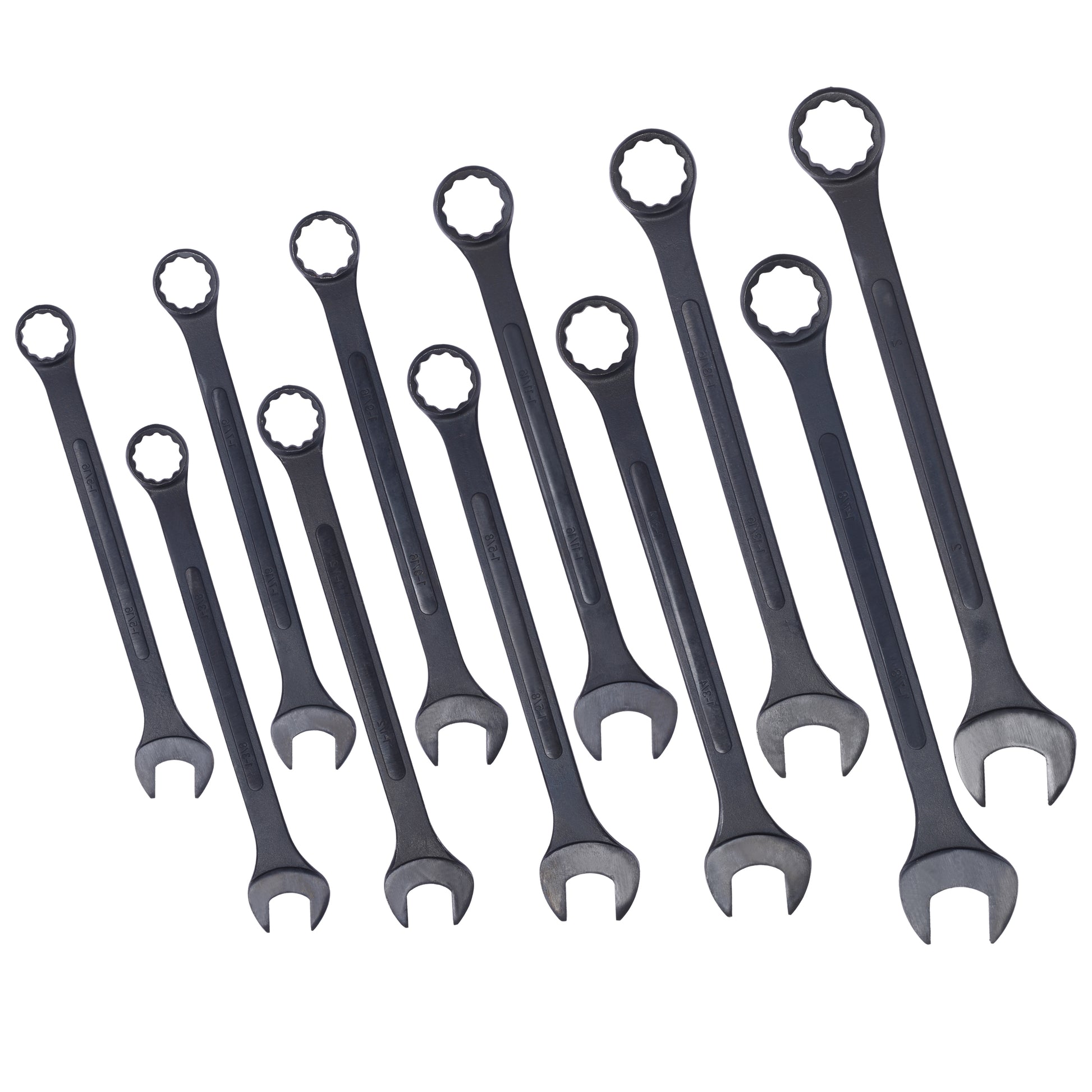 Set of ten matte black combination wrenches in ascending sizes ideal for mechanics