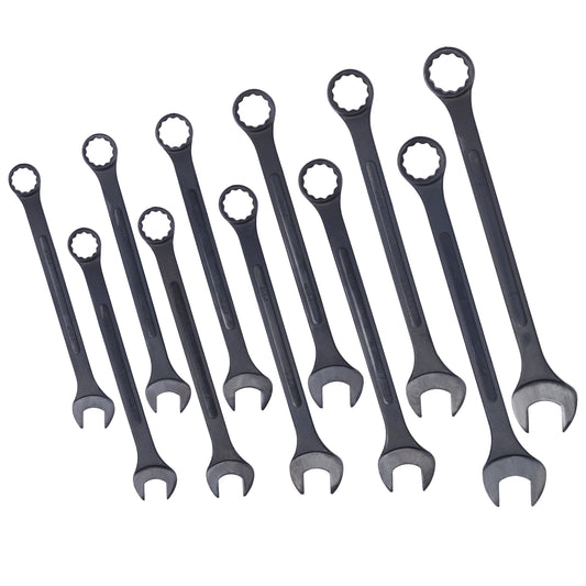 Set of ten matte black combination wrenches in ascending sizes ideal for mechanics