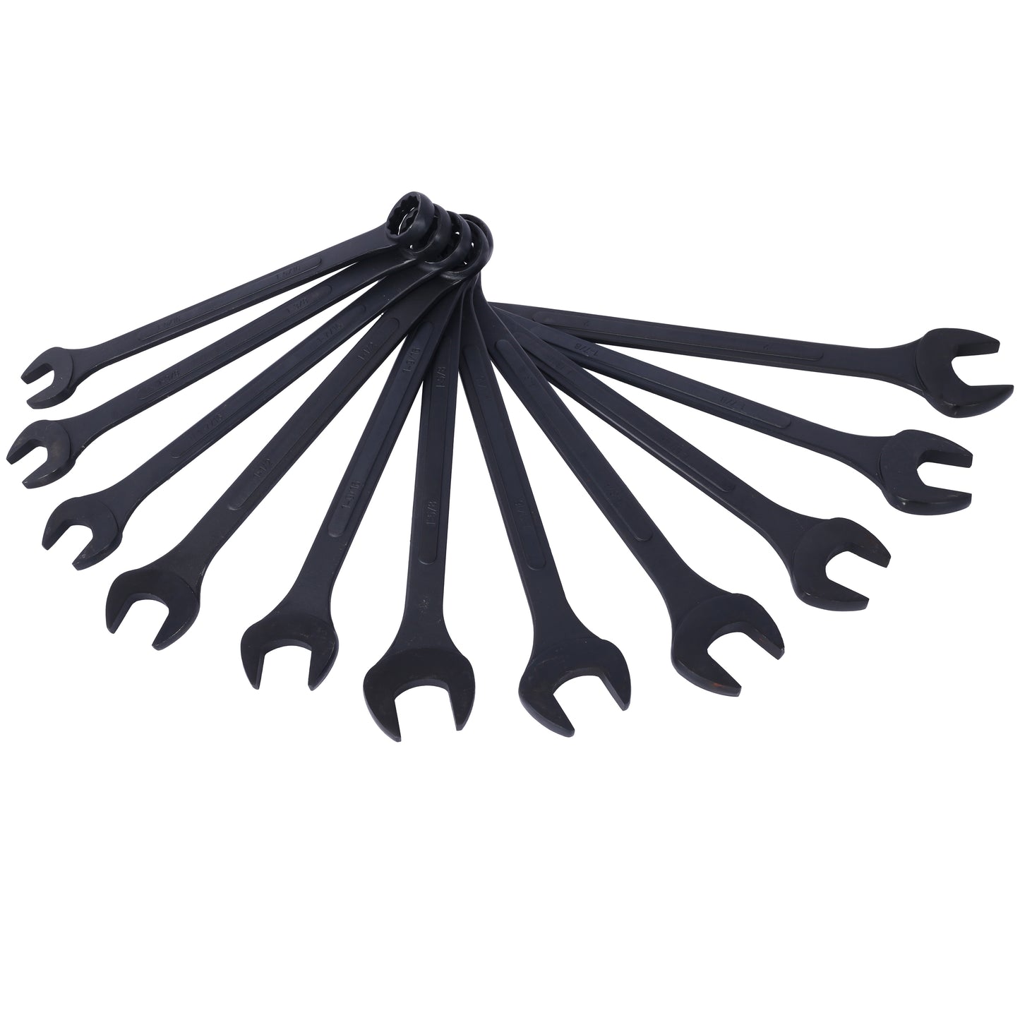 Set of ten black combination wrenches varying sizes for versatile use