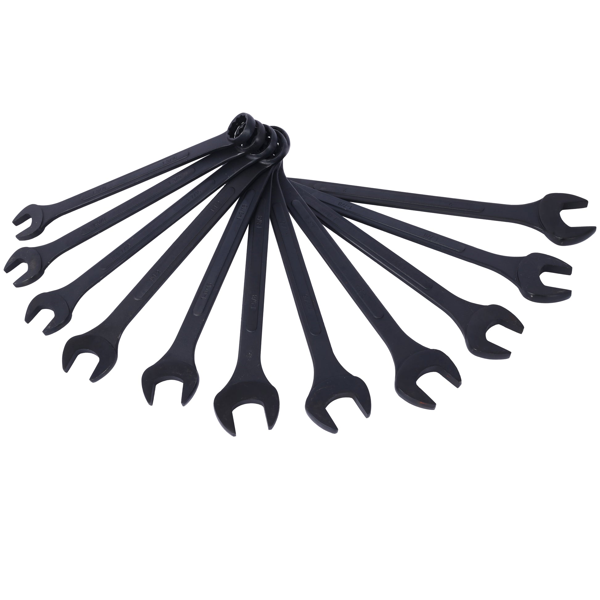 Set of ten black combination wrenches varying sizes for versatile use