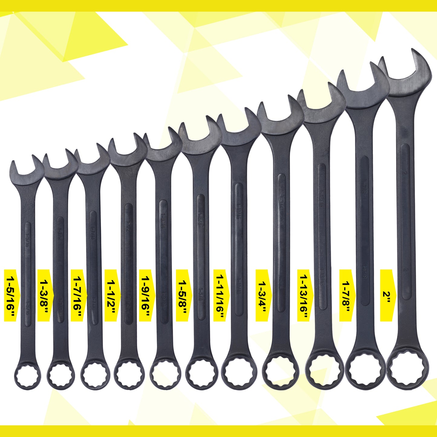 Set of  heavyduty steel combination wrenches with sizes from  to