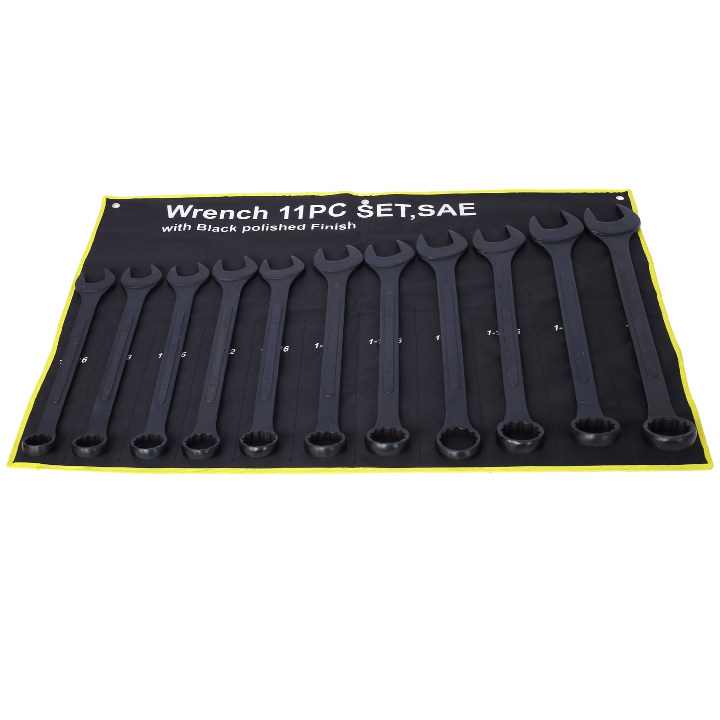 Black piece SAE combination wrench set with polished finish laid out in a rollup pouch