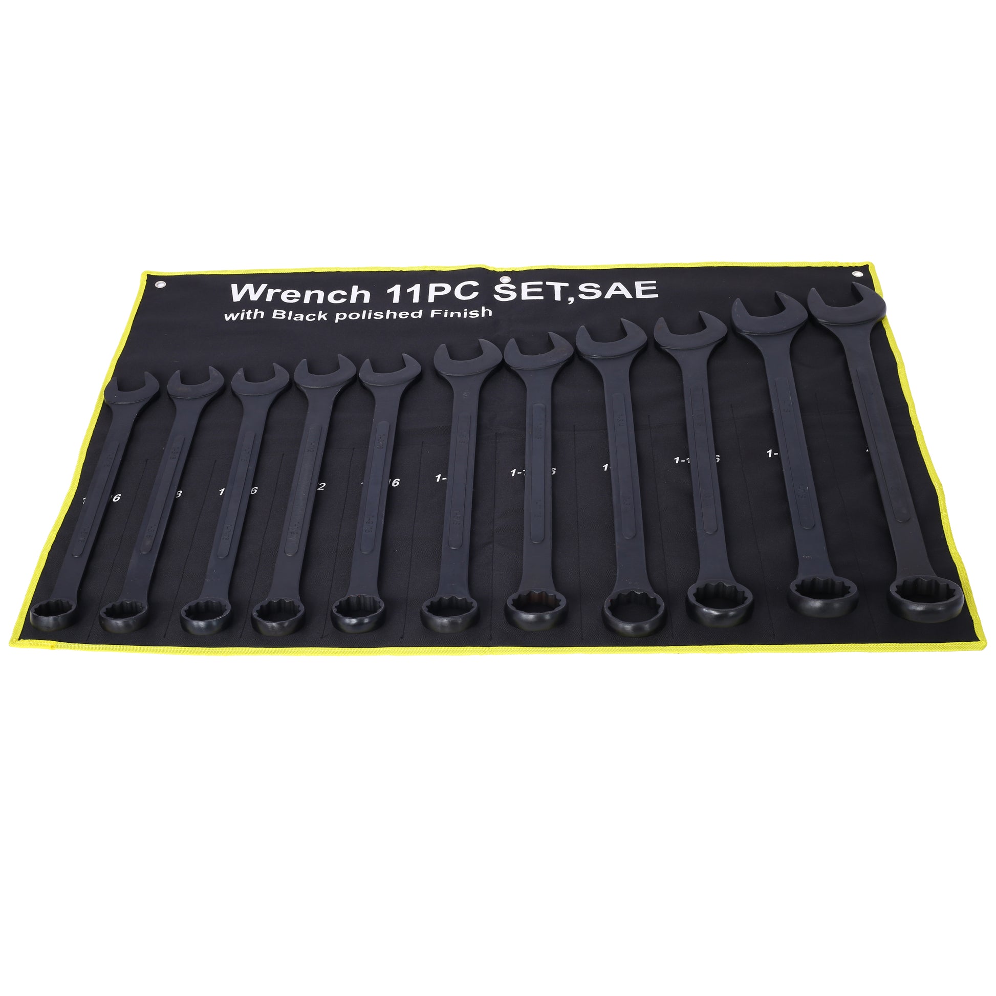 Black piece SAE combination wrench set with polished finish laid out in a rollup pouch