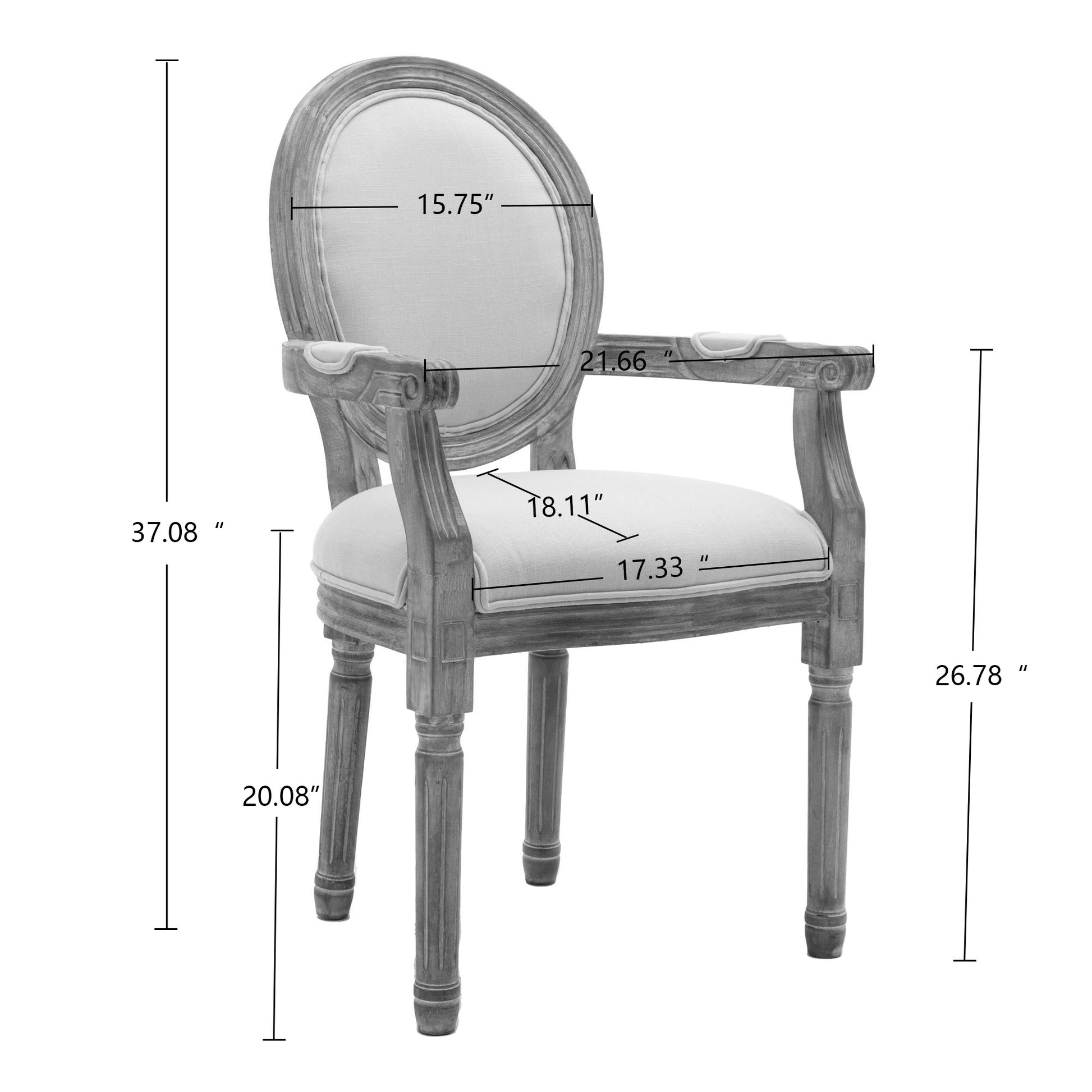 Ornate grey wooden armchair with linen upholstery and carved detailing