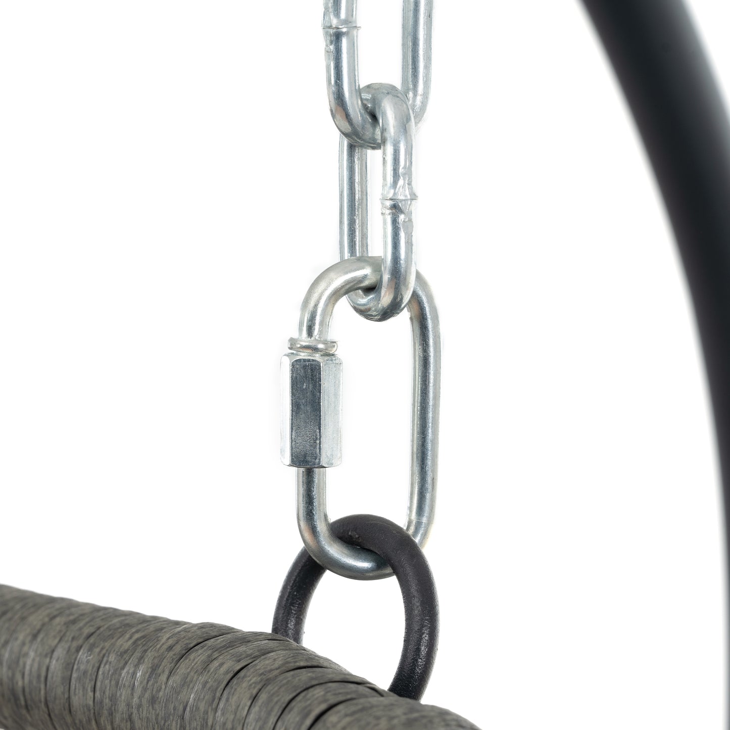 Closeup of a silver metal chain with carabiner connector and black metal loop ideal for hanging swings or hammocks