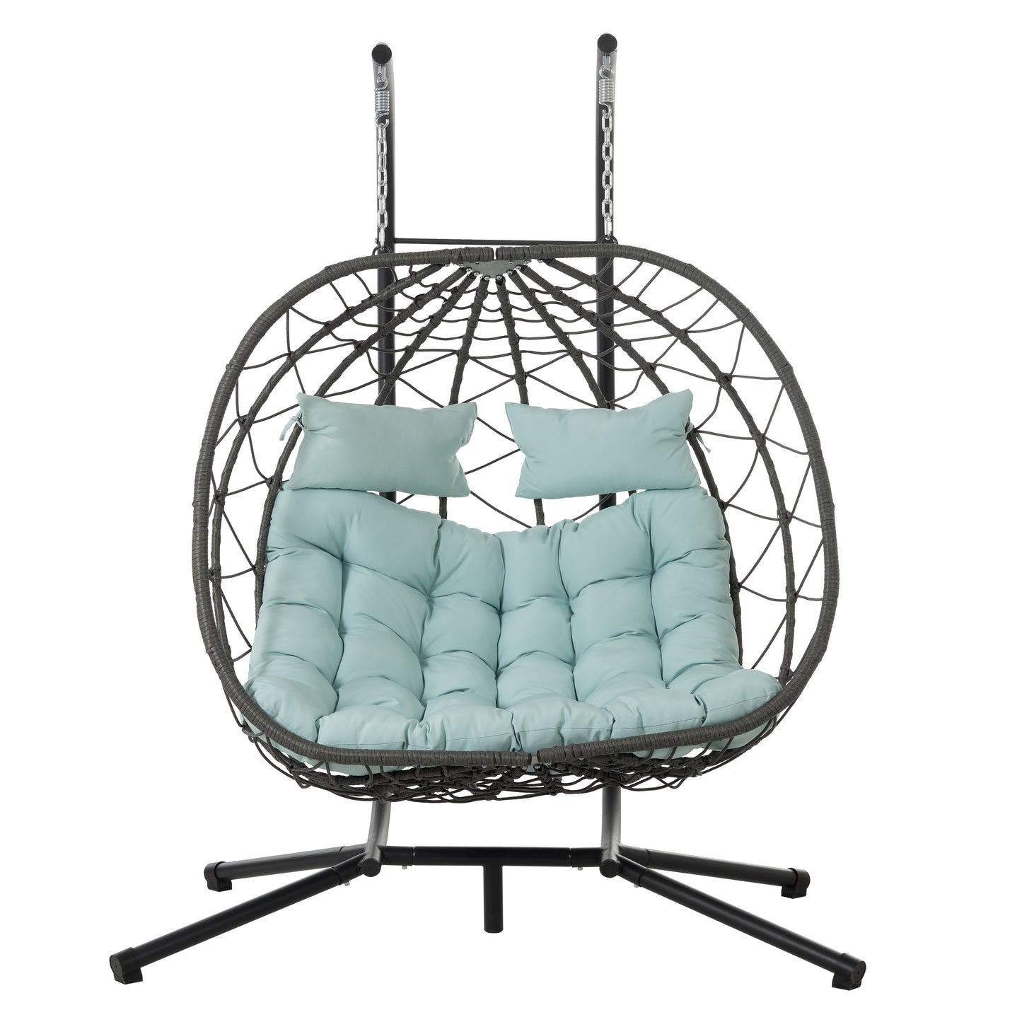 Gray rattan hanging egg chair with light blue cushions perfect for outdoor relaxation