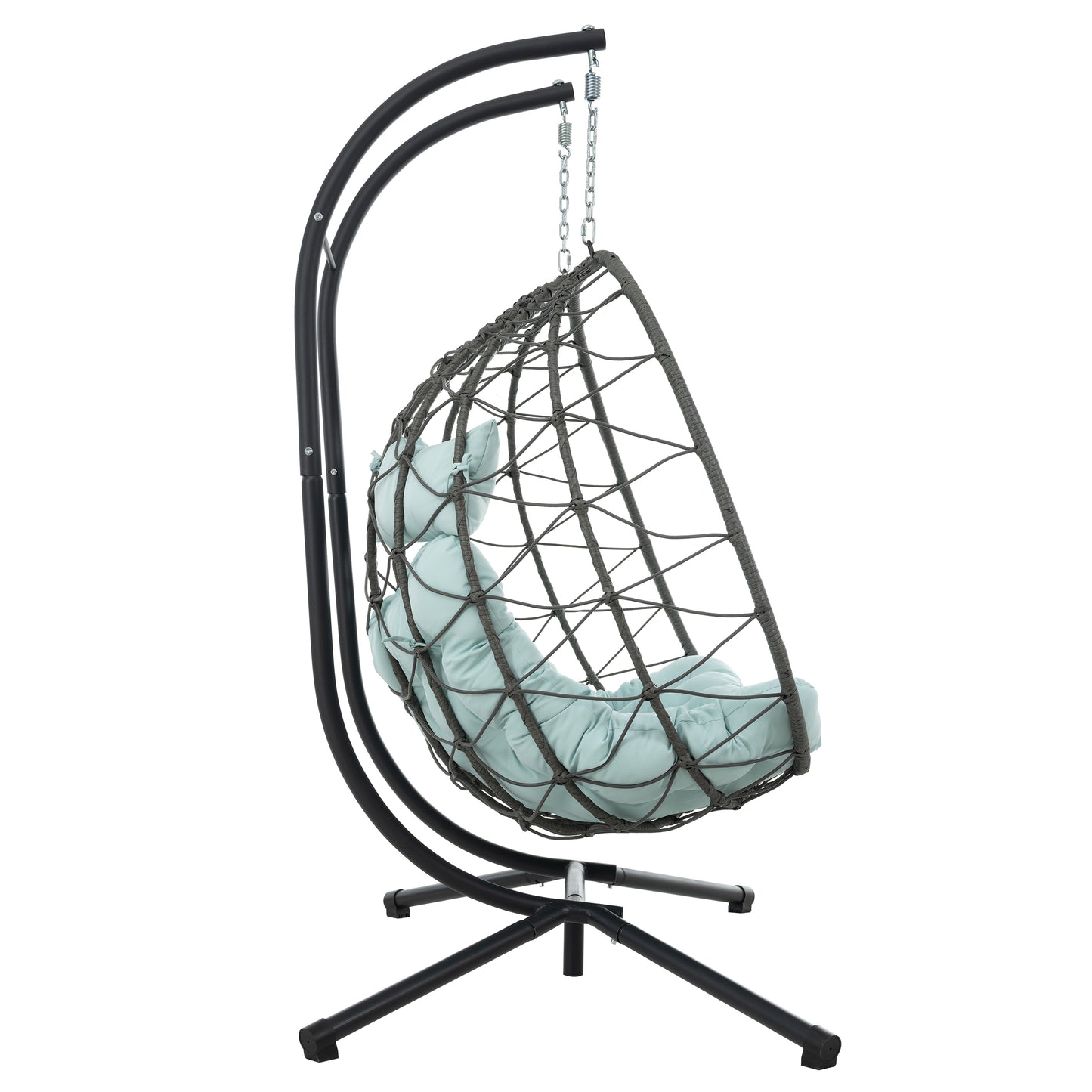Gray wicker egg chair with light blue cushions featuring a black metal stand