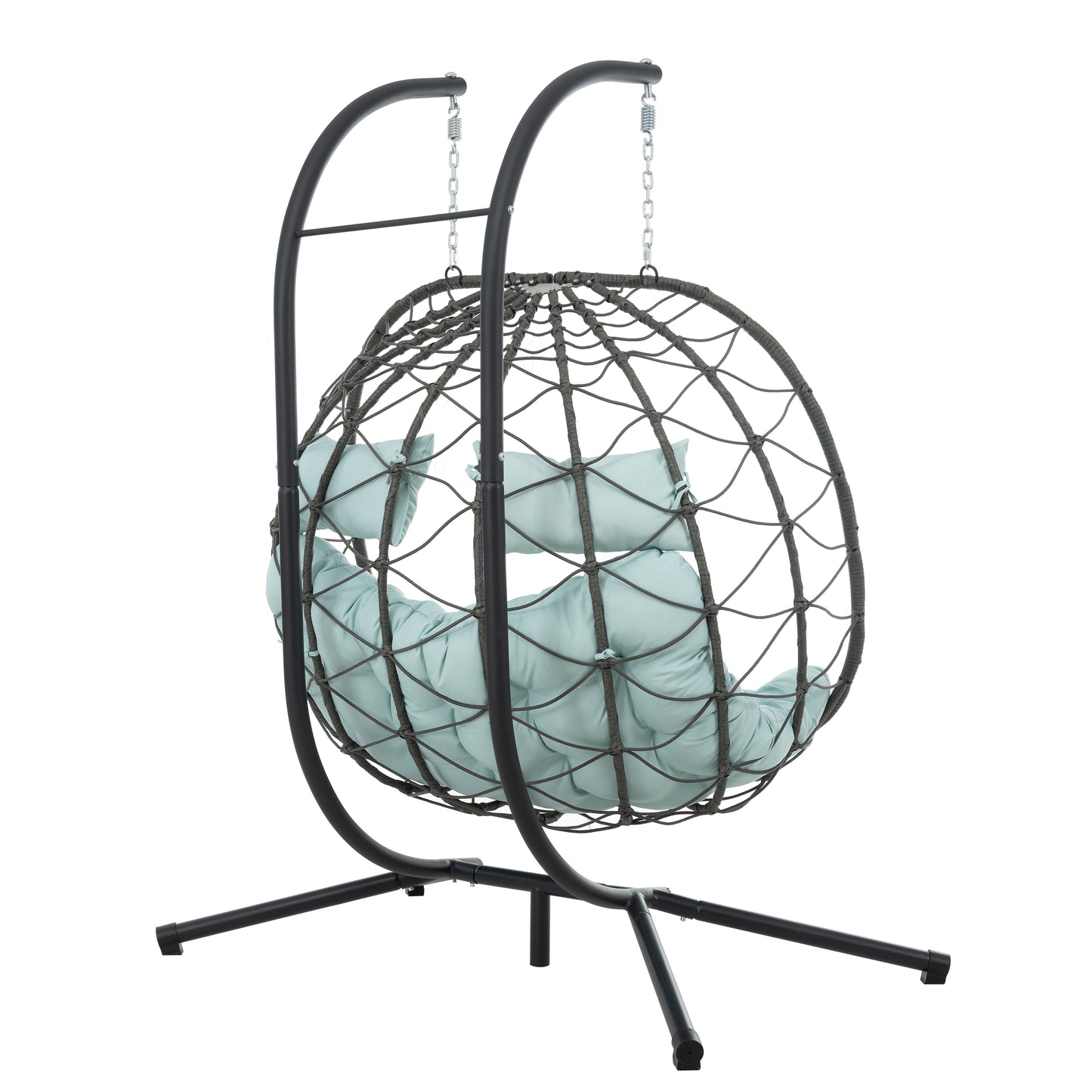 Woven egg chair with light blue cushions black metal stand