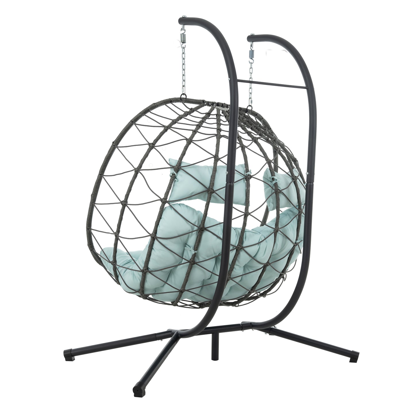 Dark gray rattan egg chair with light blue cushions and a sturdy black stand for outdoor relaxation