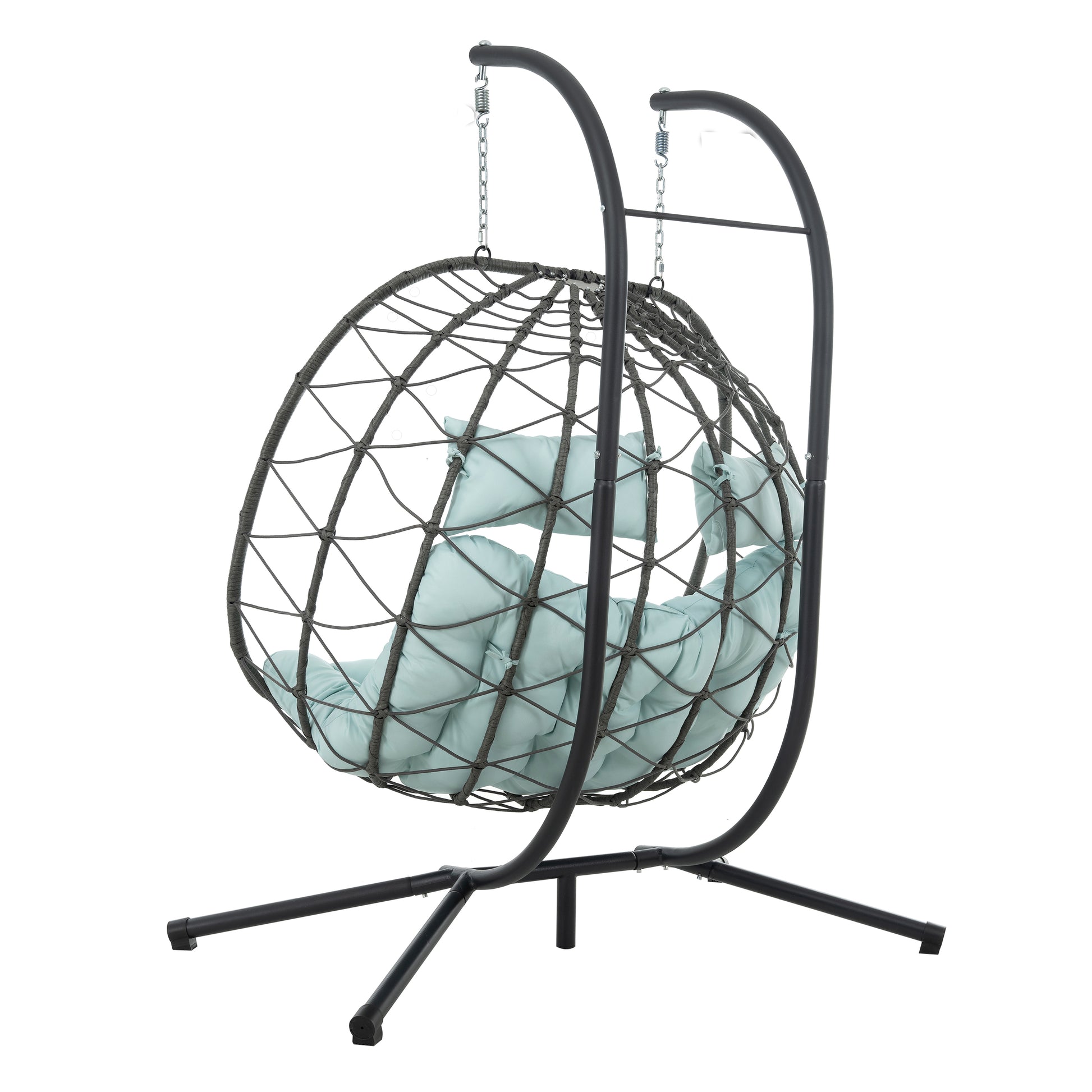 Dark gray rattan egg chair with light blue cushions and a sturdy black stand for outdoor relaxation